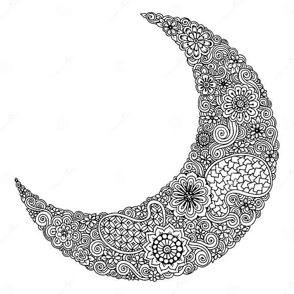 Hand Drawn Moon with Flowers, Mandalas and Paisley. Black and White ...