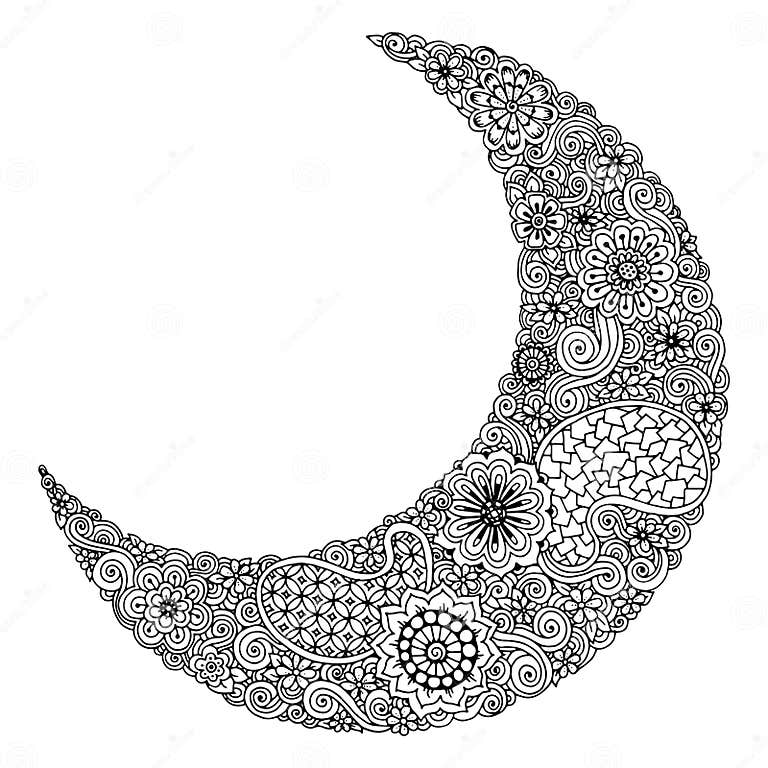 Hand Drawn Moon with Flowers, Mandalas and Paisley. Black and White ...