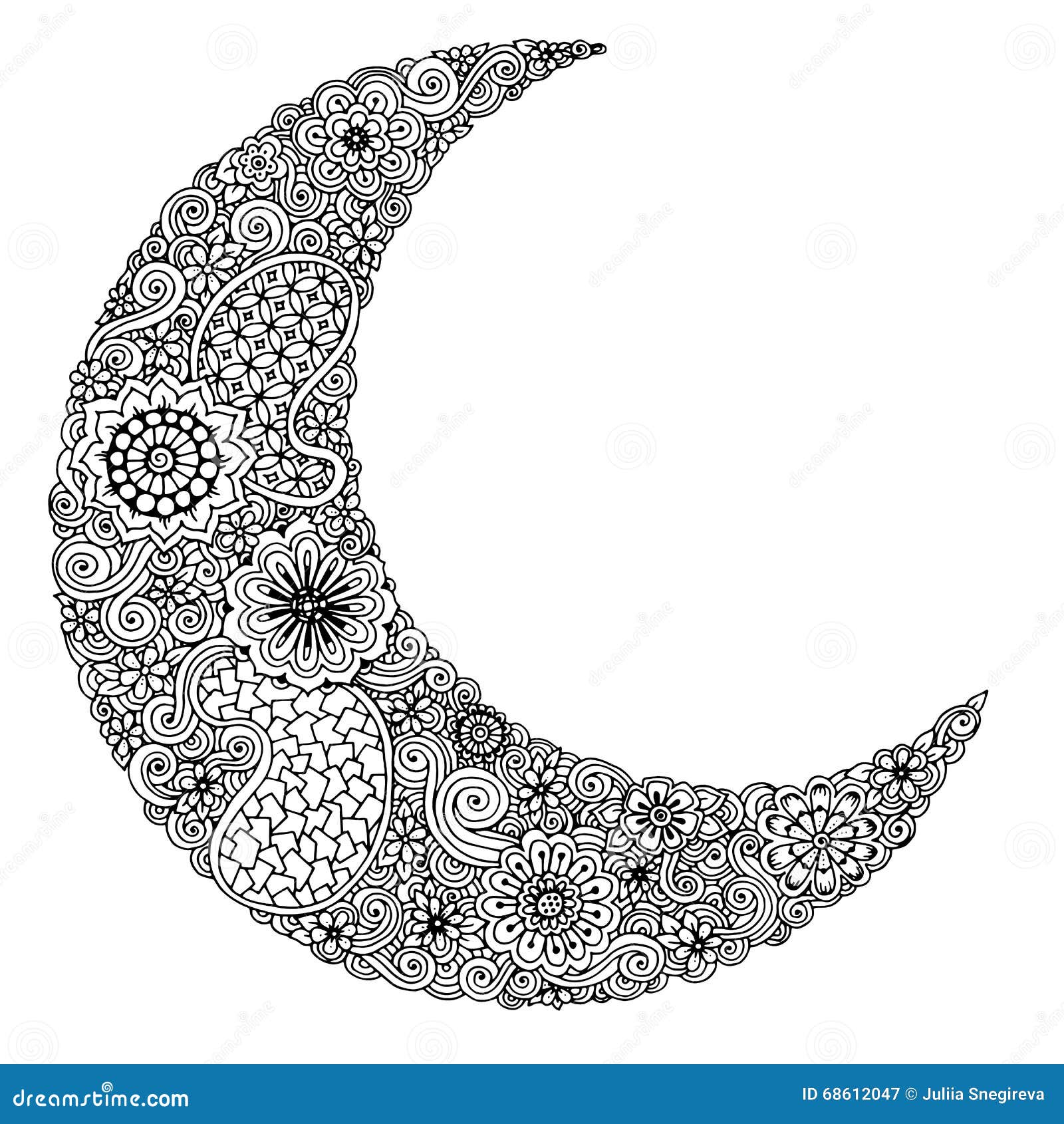 Hand Drawn Moon with Flowers, Mandalas and Paisley. Black and White ...