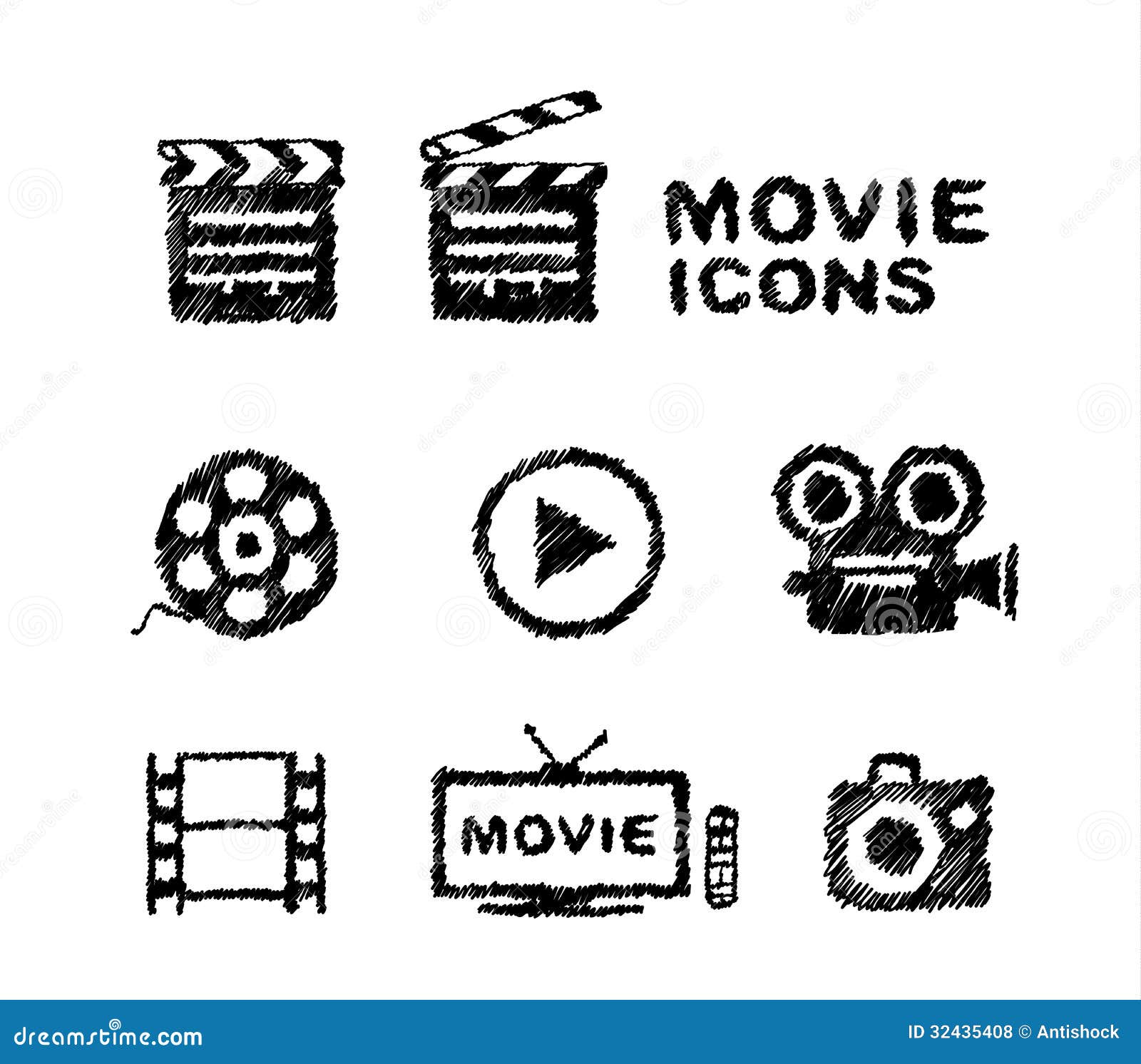 Hand Drawn Movie Icon Set Isolated On White Royalty Free Stock Photos
