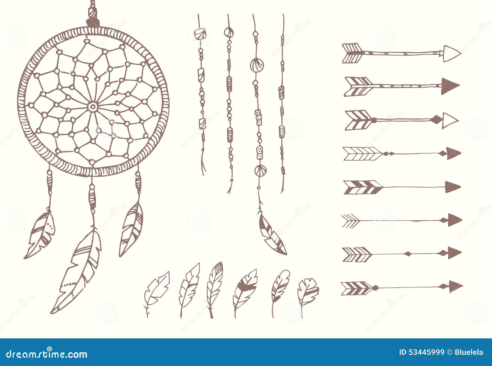 hand drawn native american feathers, dream catcher, beads and arrows