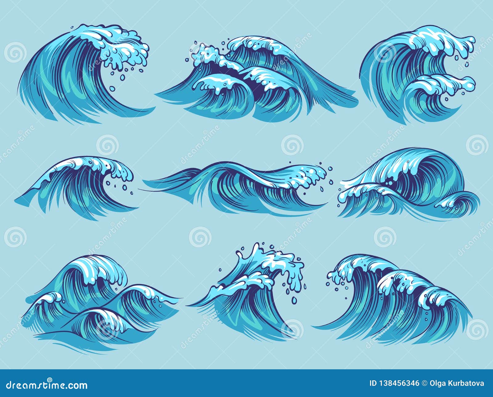 hand drawn ocean waves. sketch sea tidal blue waves tide splash hand drawn surfing storm wavy water doodle vintage set