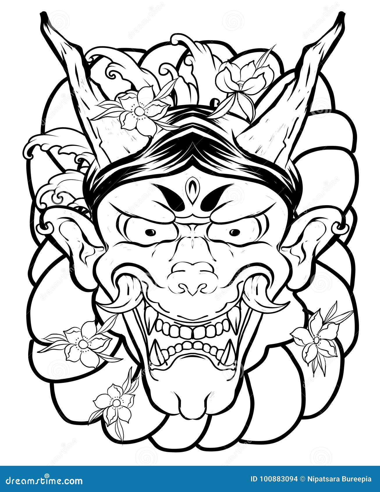 Japanese Demon Mask Tattoo for Arm.hand Drawn Oni Mask with Cherry and Peony Flower.Japanese Demon Mask on Wave and Sakura Stock Vector - Illustration of fantasy, hannya: 100883094