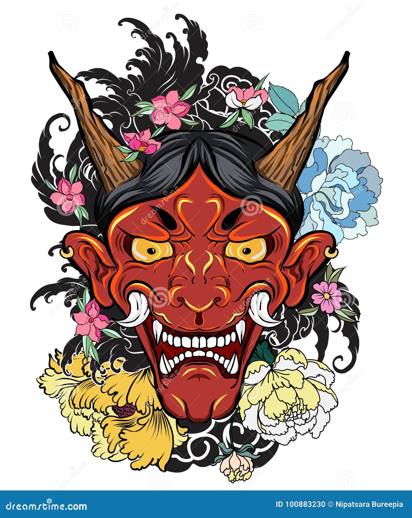 japanese old dragon tattoo for arm.hand drawn oni mask with cherry blossom and peony flower.japanese demon mask on wave and sakura