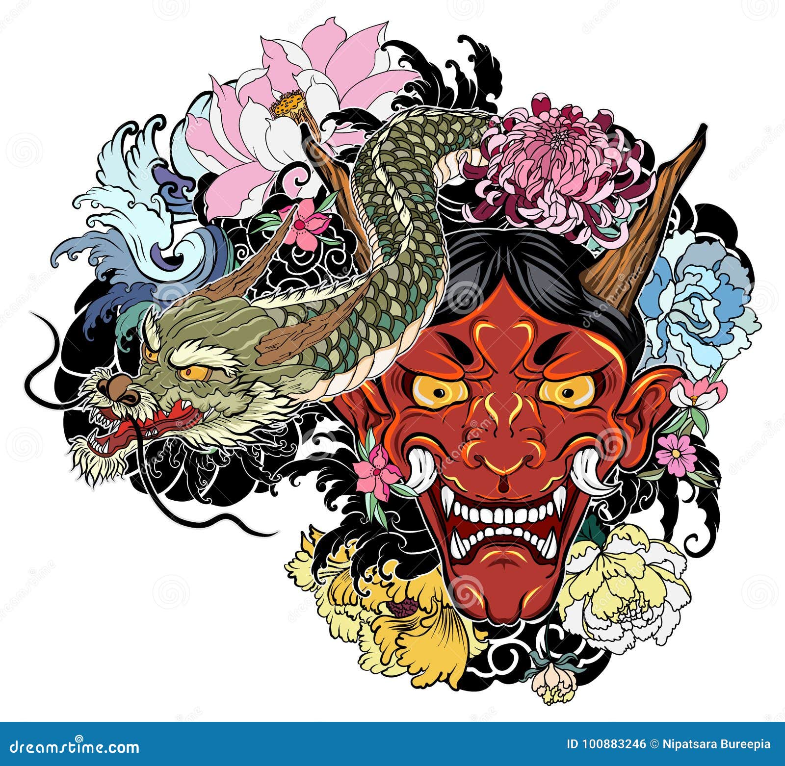Japanese Old Dragon Tattoo for Drawn Oni Mask with Cherry Blossom and Peony Demon Mask on Wave and Sakura Stock Vector - Illustration of culture, graphic: 100883246 Japanese Old Dragon Tattoo for Drawn Oni Mask with Cherry Blossom and Peony Demon Mask on Wave and Sakura Stock Vector - Illustration of culture, graphic: 100883246