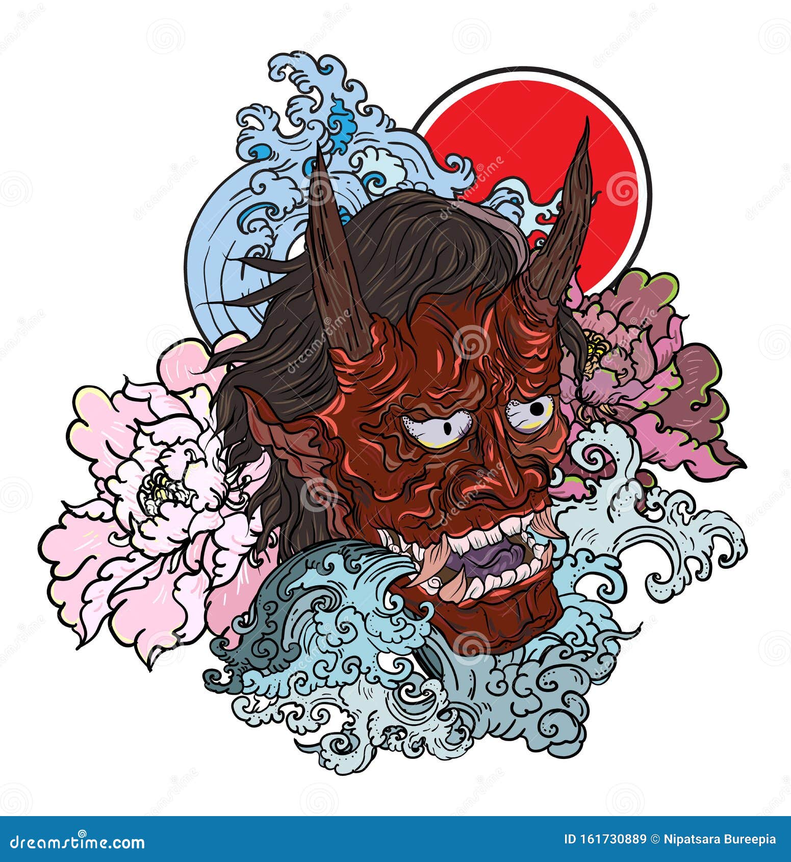 Hand Drawn Oni Mask with Cherry Blossom and Peony Flower. Stock Vector - Illustration of design, retro: 161730889 Hand Drawn Oni Mask with Cherry Blossom and Peony Flower. Stock Vector - Illustration of design, retro: 161730889