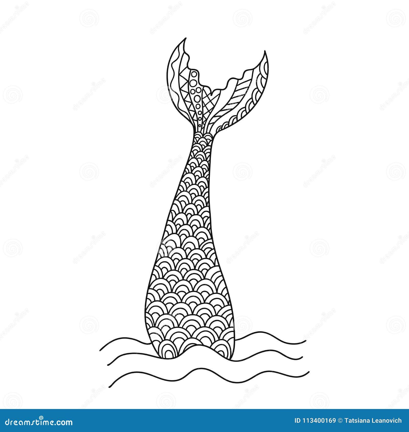 Hand Drawn Ornamental Mermaid`s Tail. Vector Illustration Stock Vector