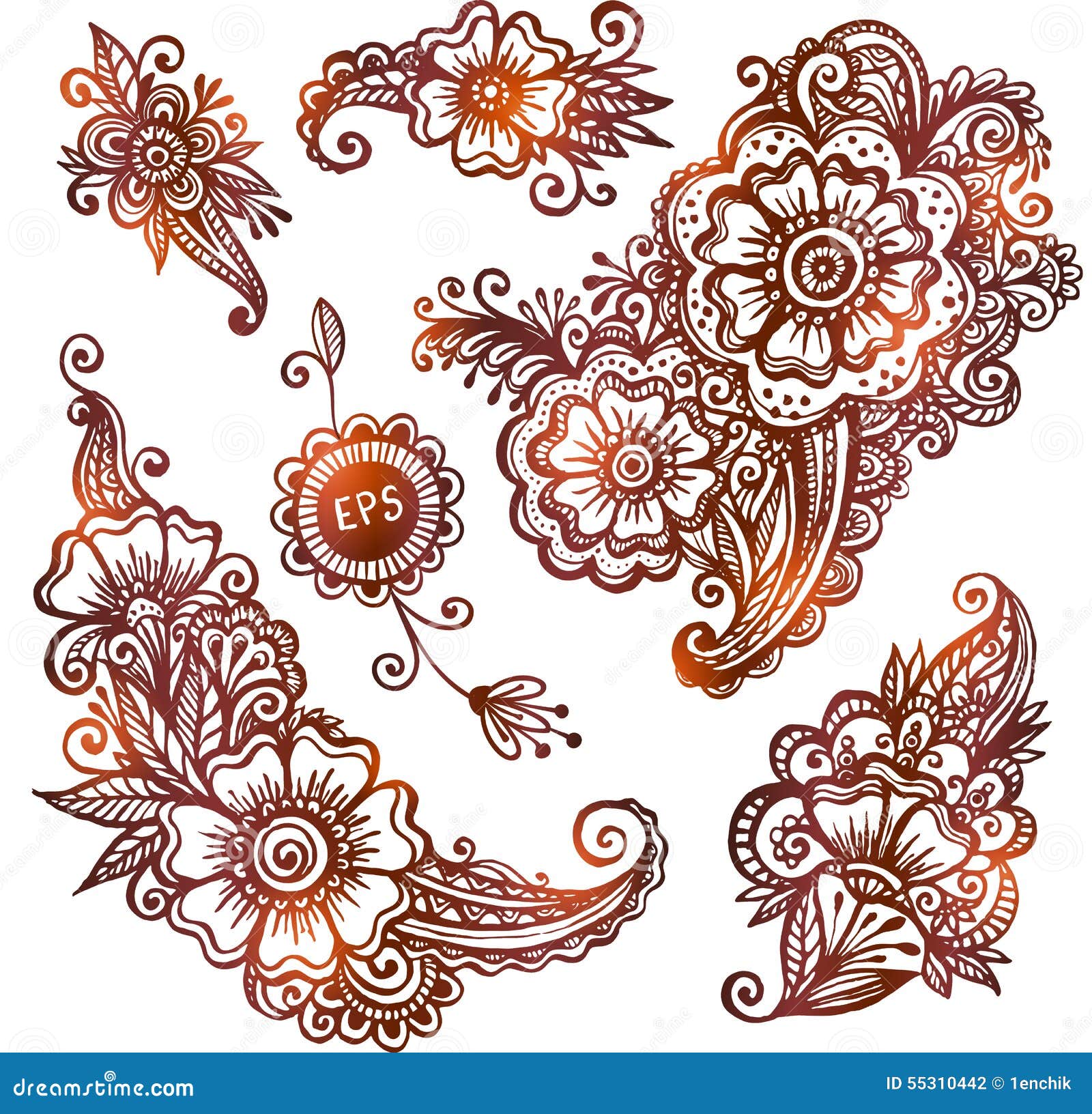 Handdrawn Ornaments Set in Indian Mehndi Style Stock Vector