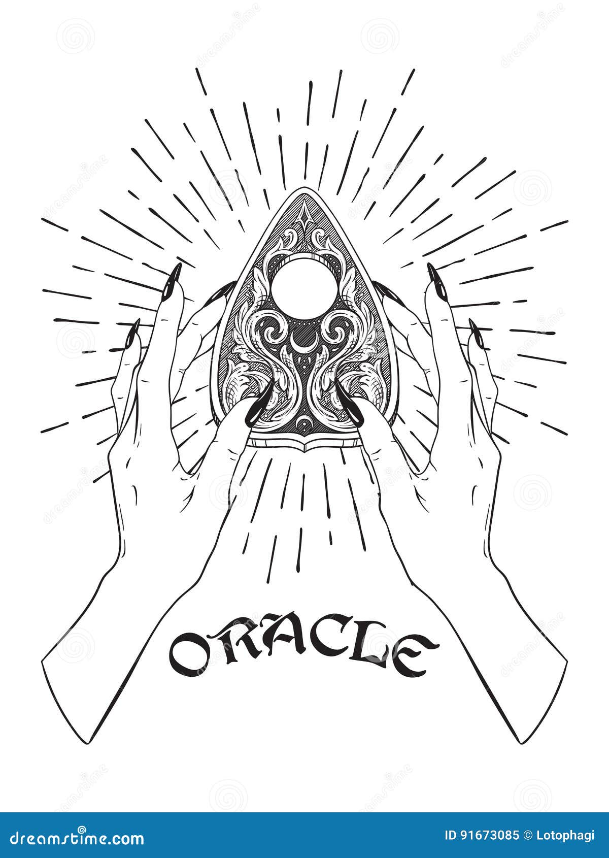 hand drawn ornate ouija board mystifying oracle planchette in female hands . blackwork style boho chic sticker, poster, ta