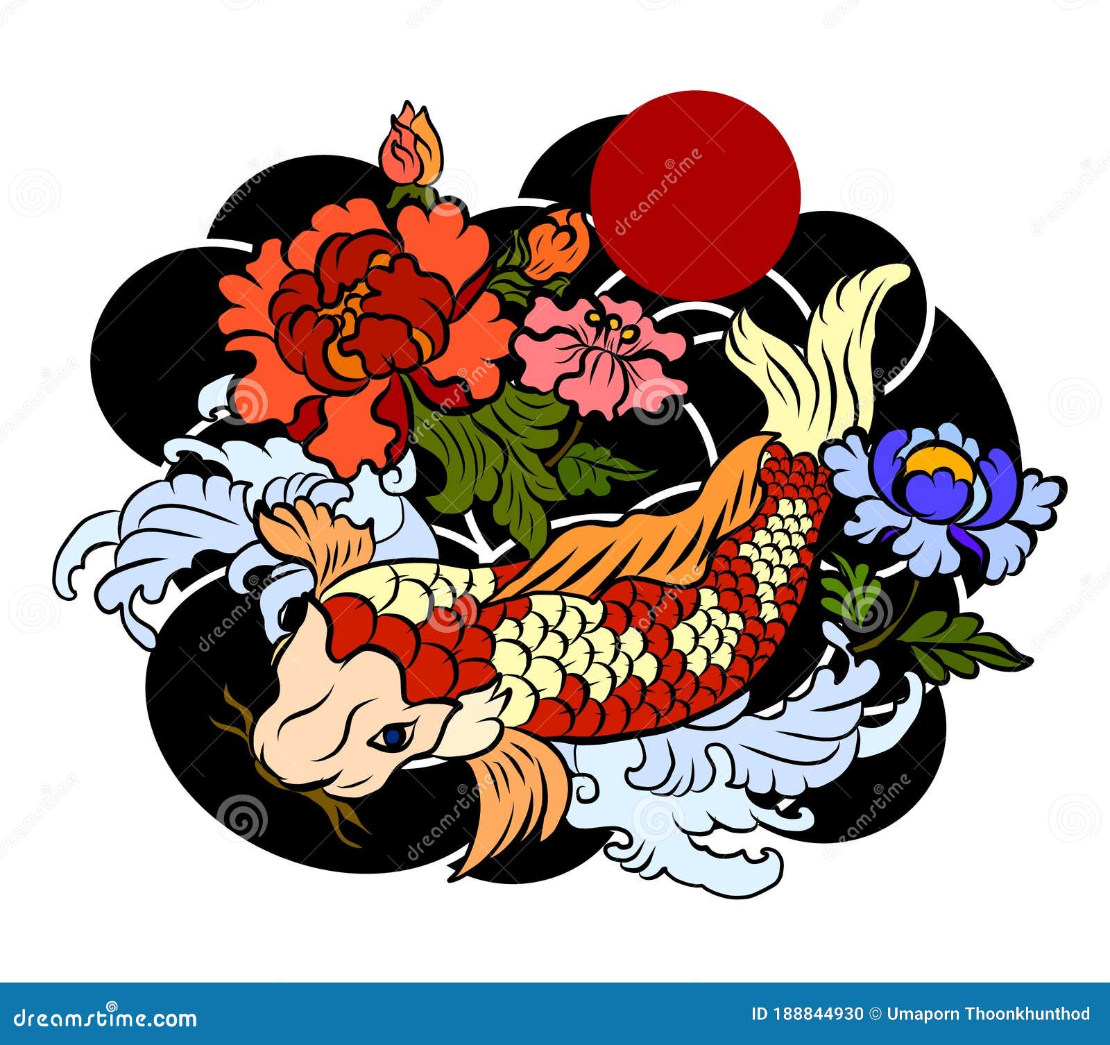 Hand Drawn Outline Koi Fish and Chinese Doodle Art. Peony,Cherry ...