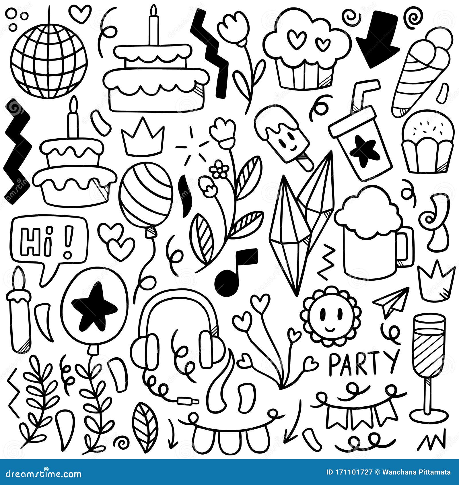 0014 Hand Drawn Party Doodle Happy Birthday Stock Vector - Illustration ...