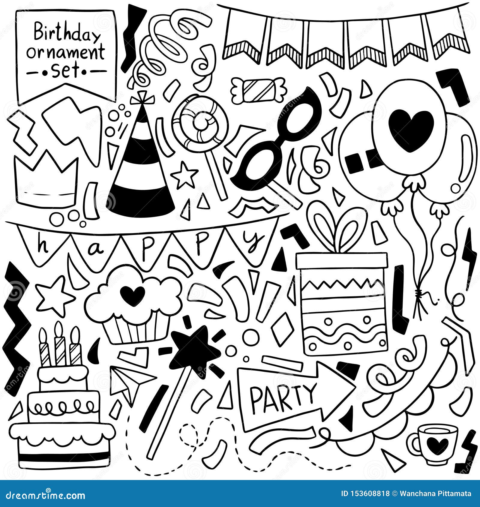 07-09-032 Hand Drawn Party Doodle Happy Birthday Ornaments Background ...