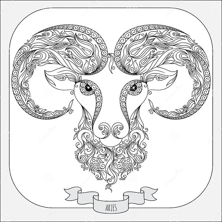 Hand Drawn Pattern for Coloring Book Zodiac Aries. Stock Vector ...