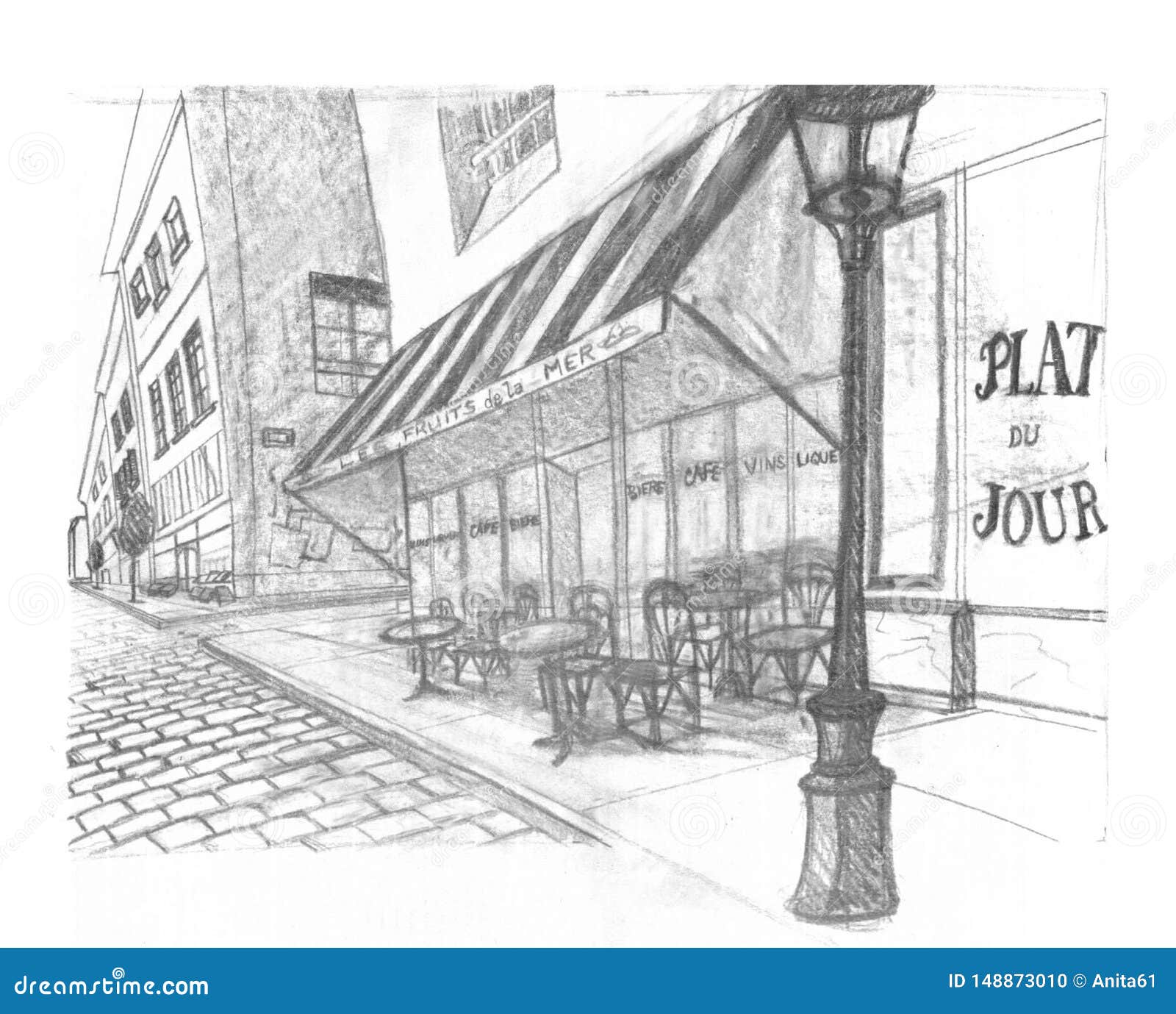 Hand Drawn Pencil Sketch Of French Street With Cafe Stock Vector