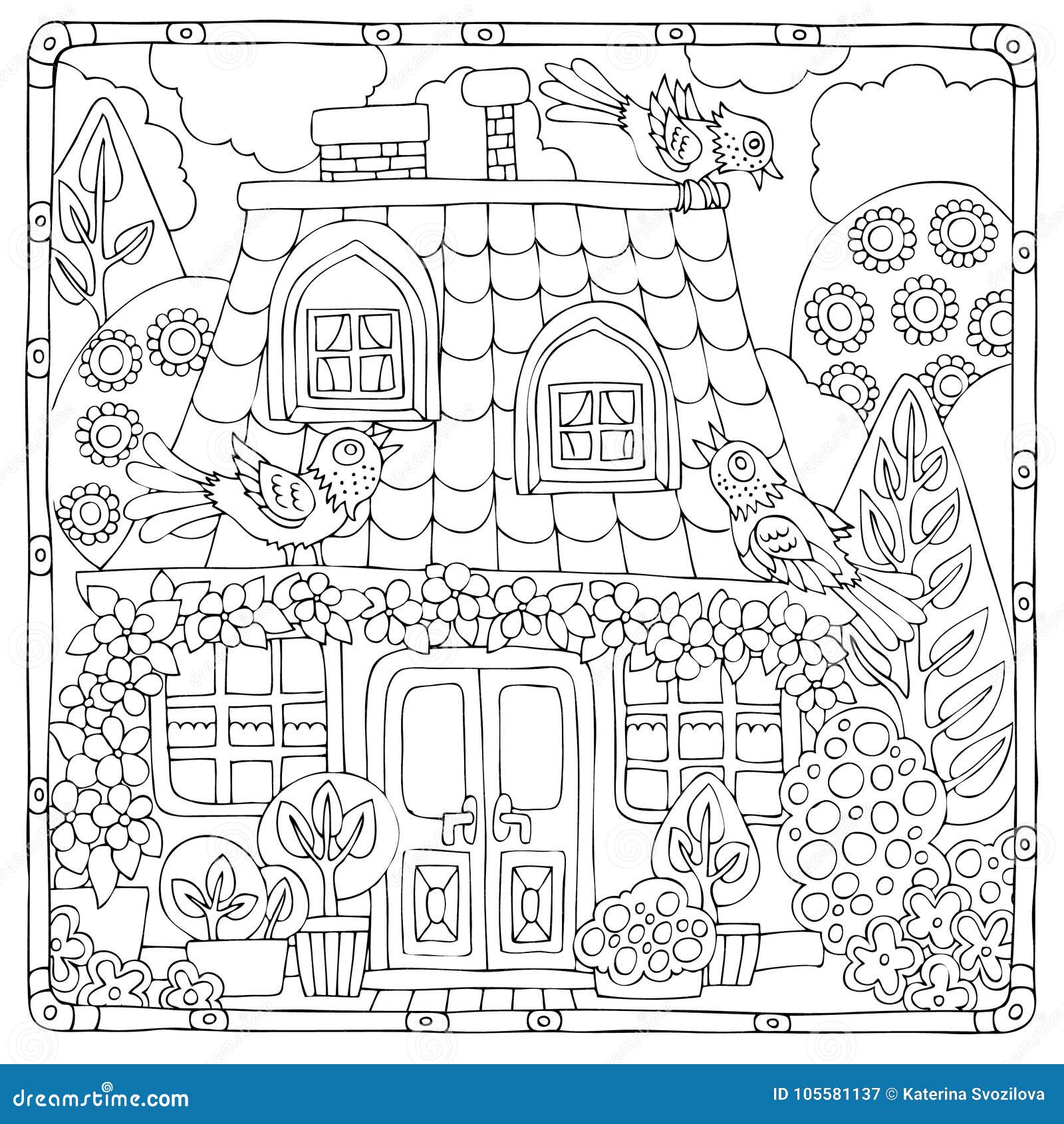 Hand Drawn Fairy House with Birds in Frame. Stock Vector - Illustration