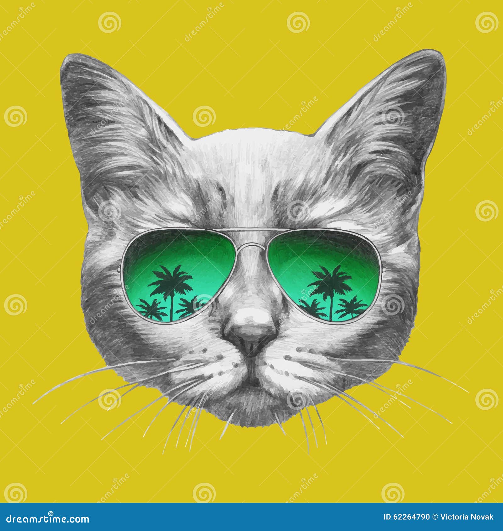 Hand Drawn Portrait Of Cat With Mirror Sunglasses. Vector Illustration