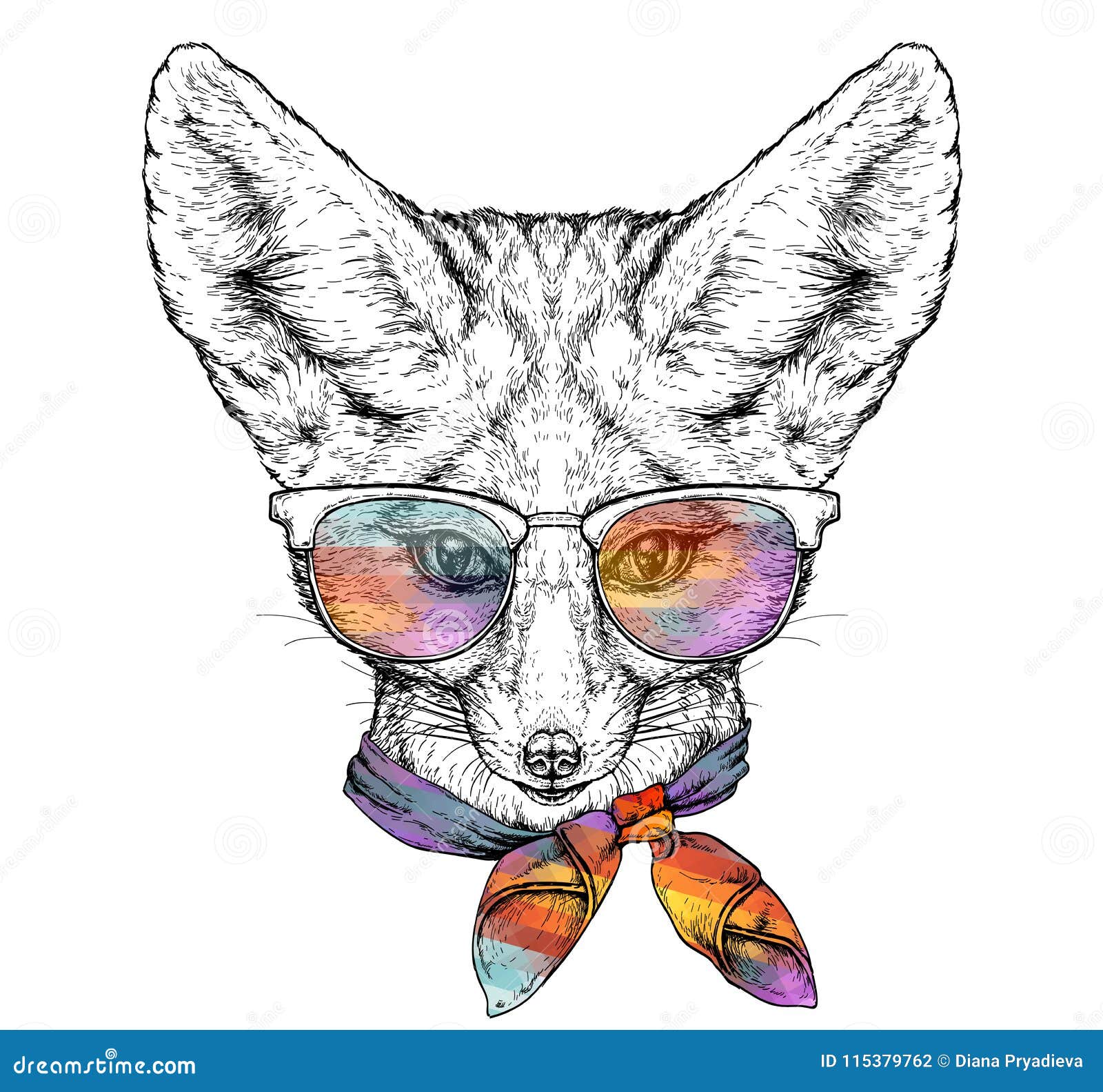 hand drawn portrait of cute fennec fox in glasses and with bow tie.    on white