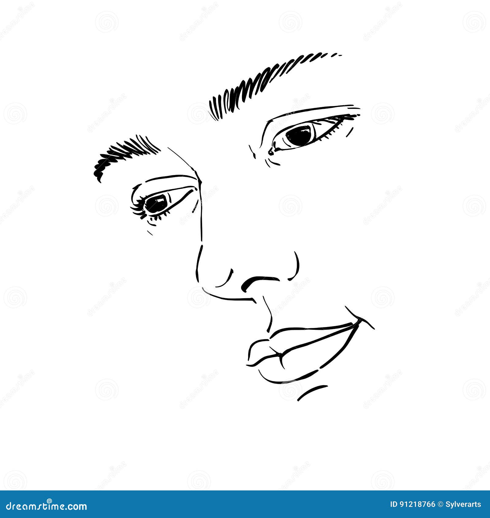 Hand-drawn Portrait of White-skin Sorrowful Woman, Sad Face Emotions ...