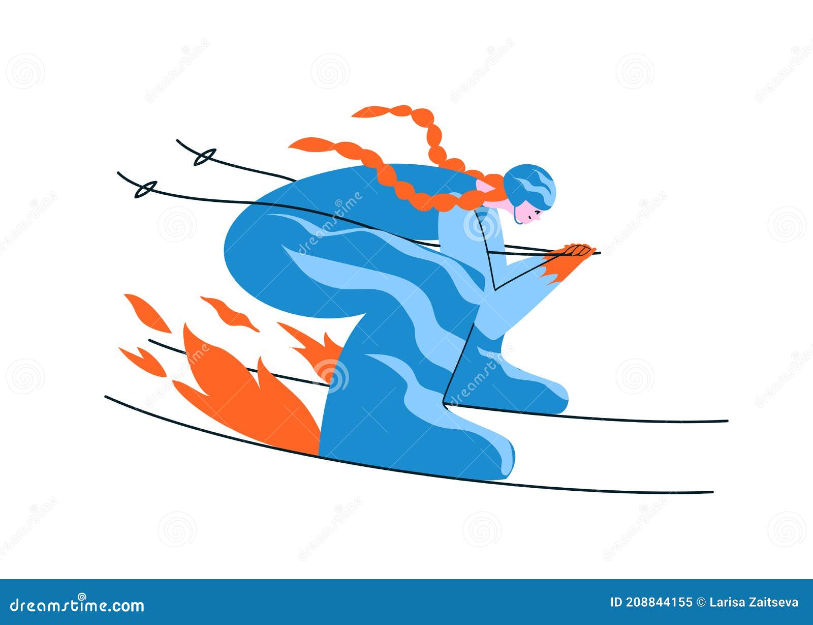 hand-drawn redhead girl skier in a blue suit. a young woman skis in an aerodynamic pose at full speed that the fire under the skis