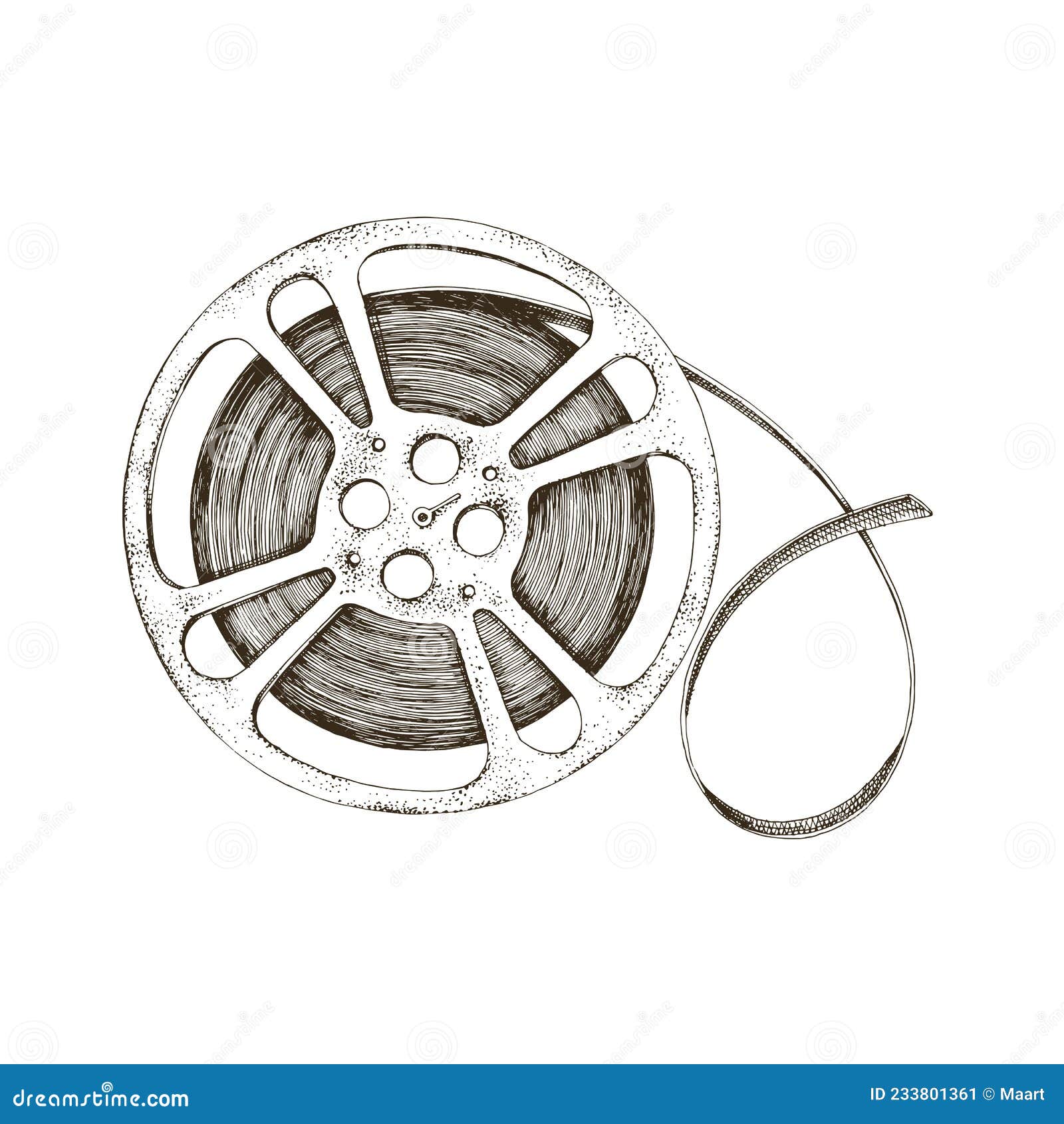 hand drawn reel of film, tape, bobina. monochrome