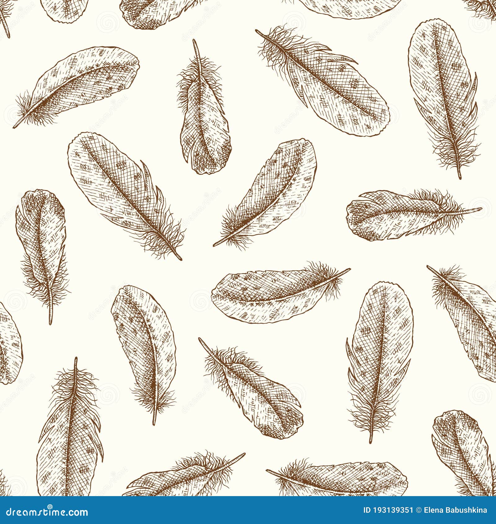 hand drawn retro bird feather seamless pattern. line art  