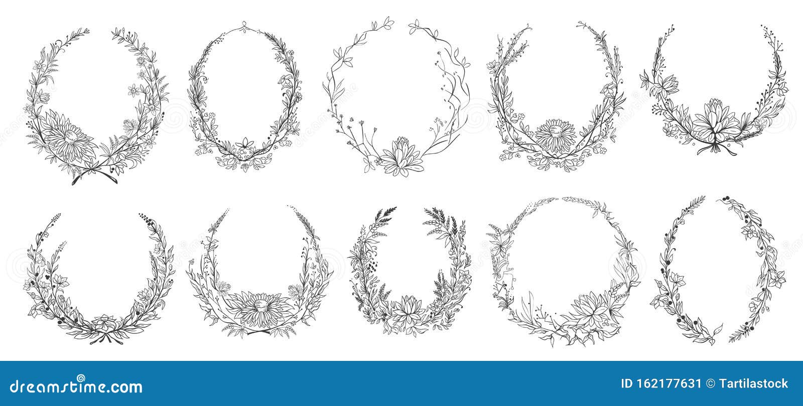 hand drawn round floral frames. sketch flower, leaves and branches decoration wreath. circle flower frame  set