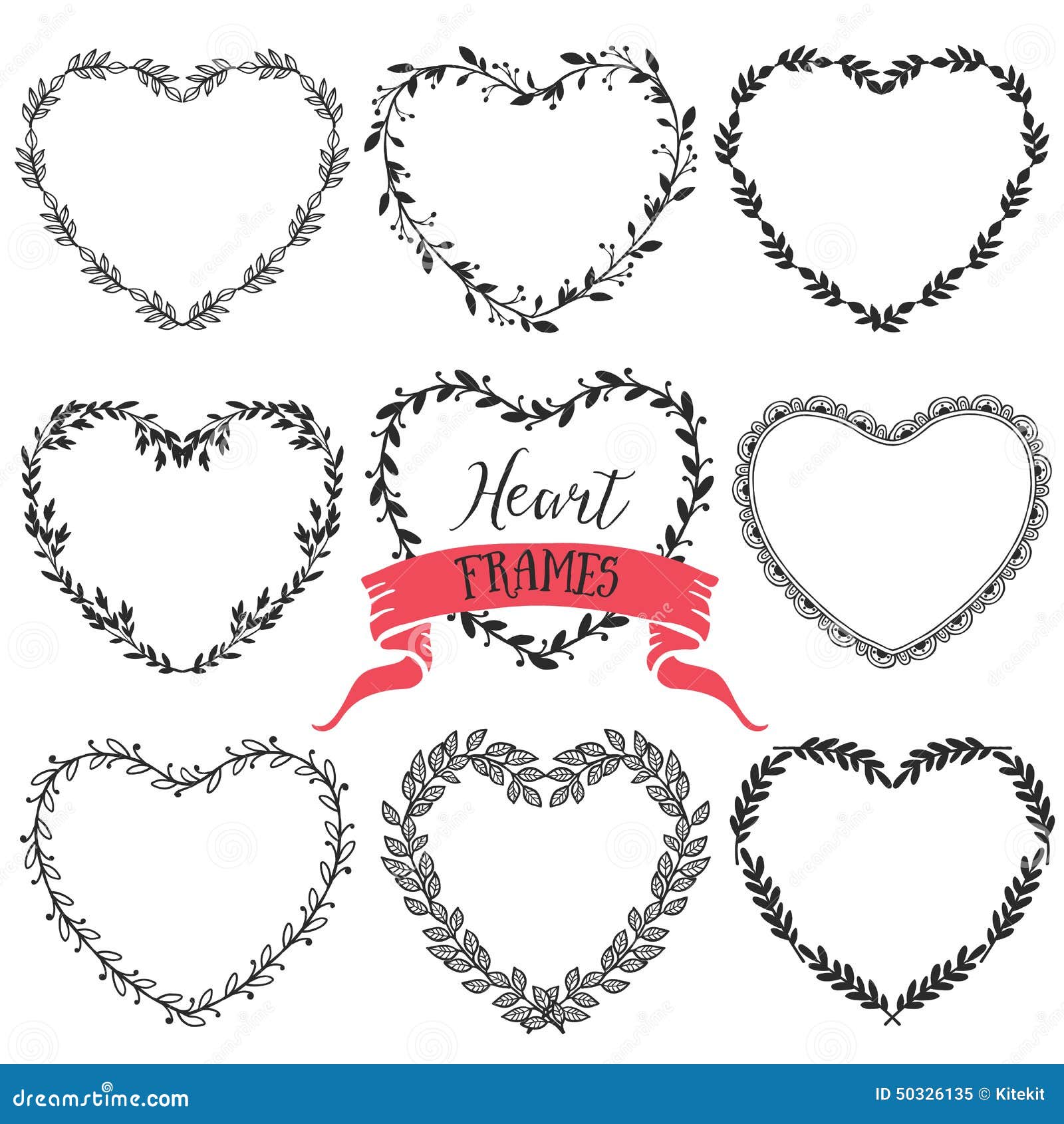 hand drawn rustic vintage heart wreaths. floral  graphic.