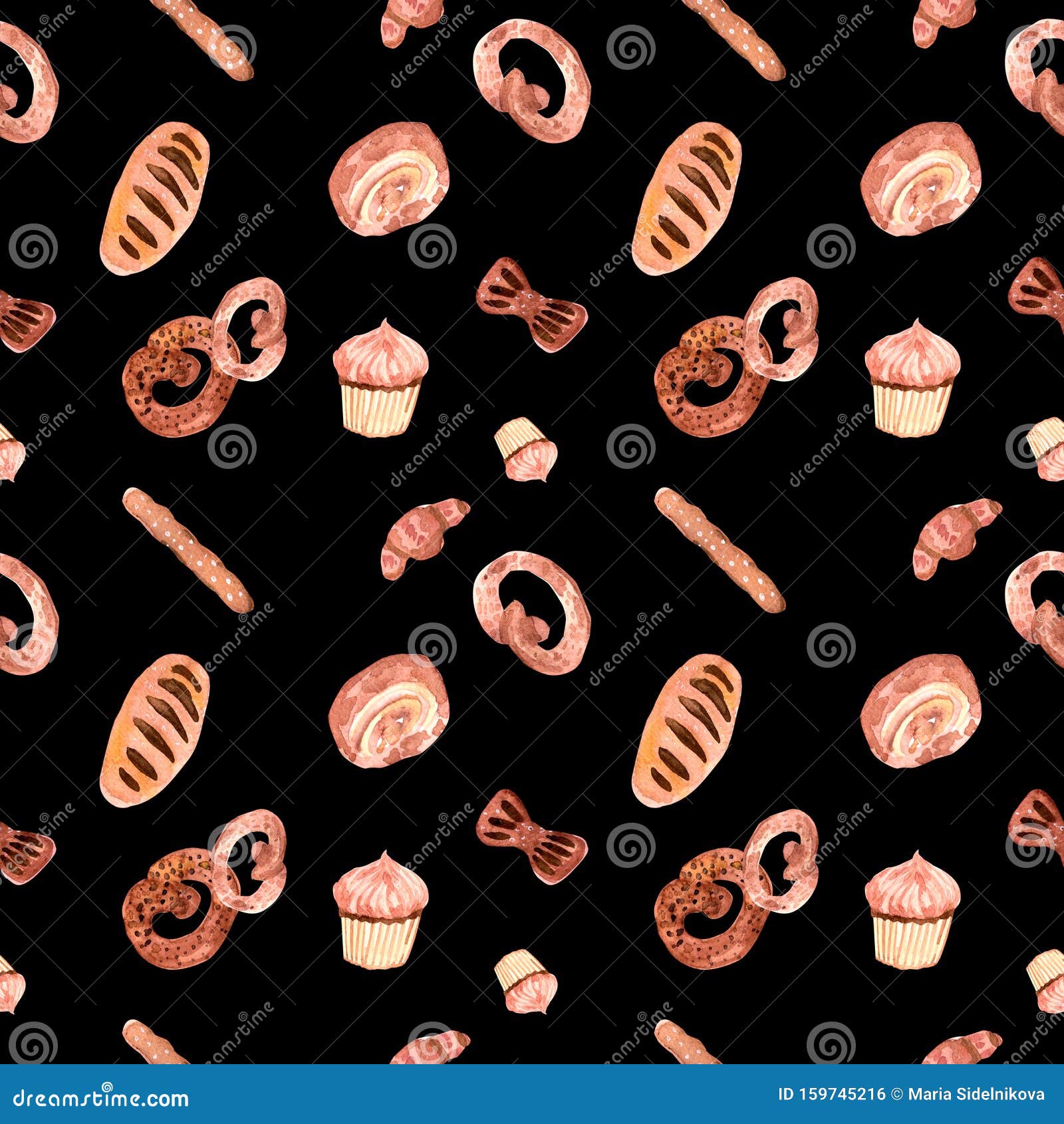 hand drawn seamless pattern of bread and bakery products