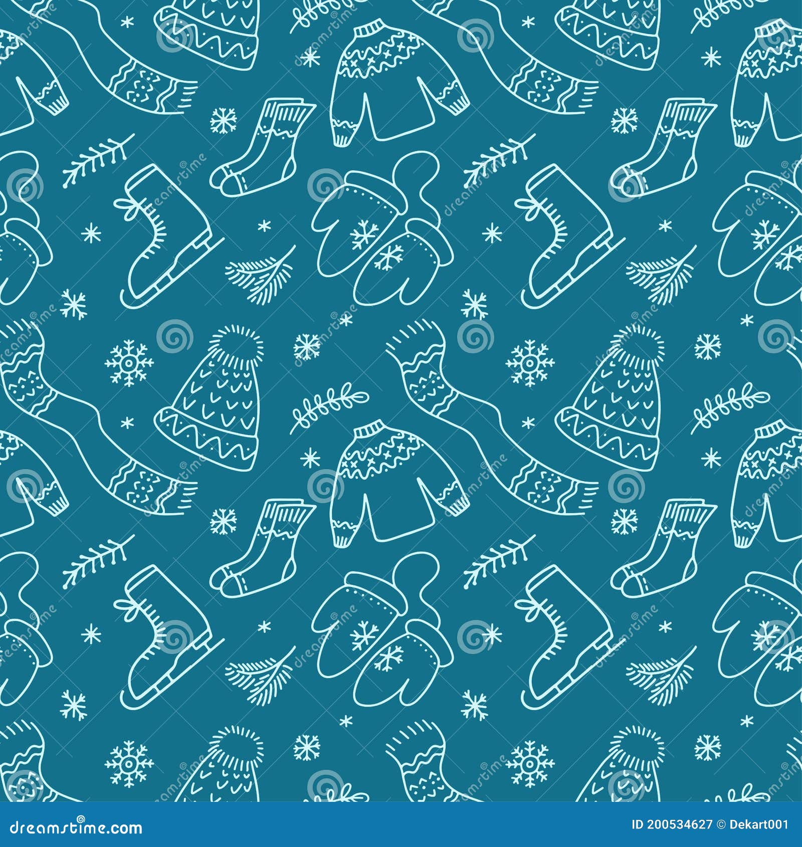 hand drawn seamless pattern with merry christmas hat, scarf, scates, tree, mittens in doodle style  on blue background.