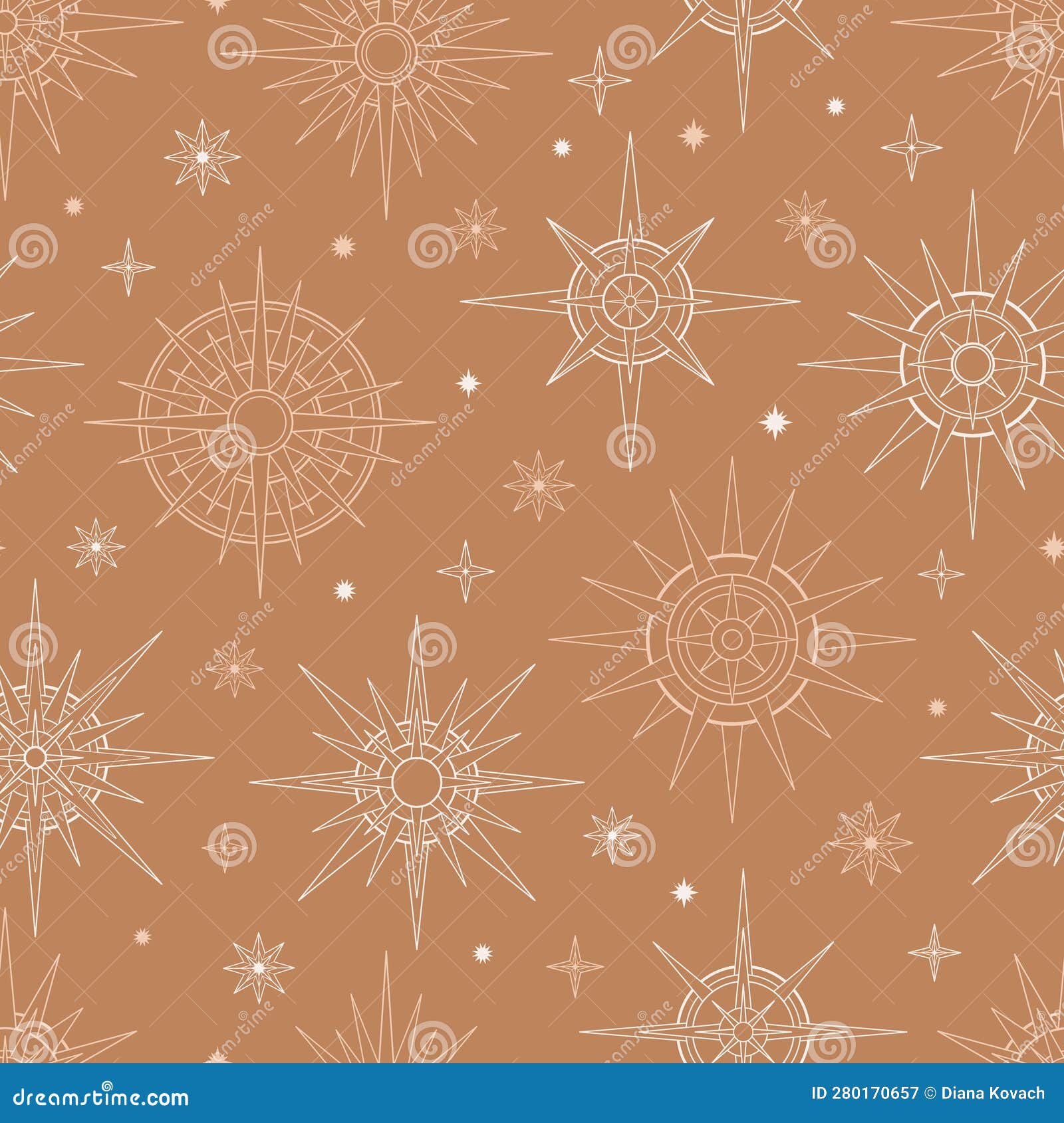 hand drawn seamless pattern of sun and stars. mystical celestial bursting sun rays, circle  talisman. magic space galaxy