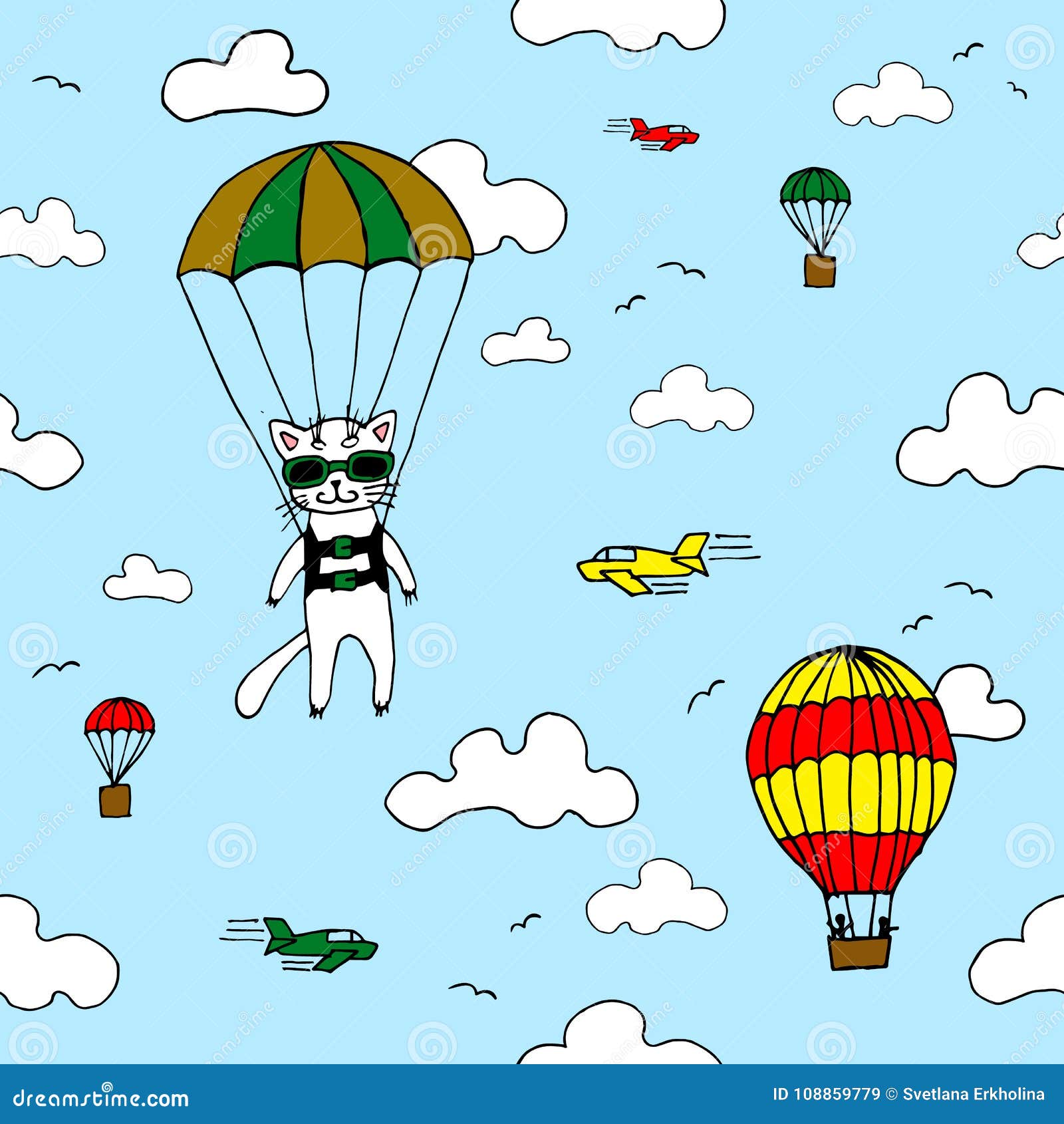Hand drawn Seamless Vector Pattern  With Skydiver Cat  Air  