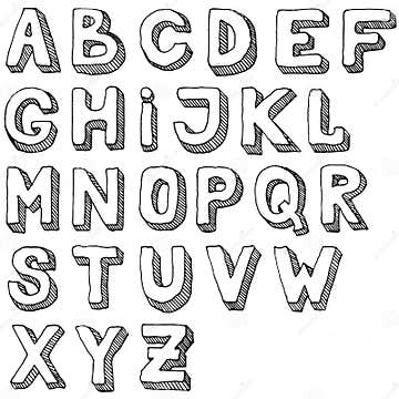 Hand Drawn Set of ABC Letters. Free-hand Alphabet Illustration. 3d ...