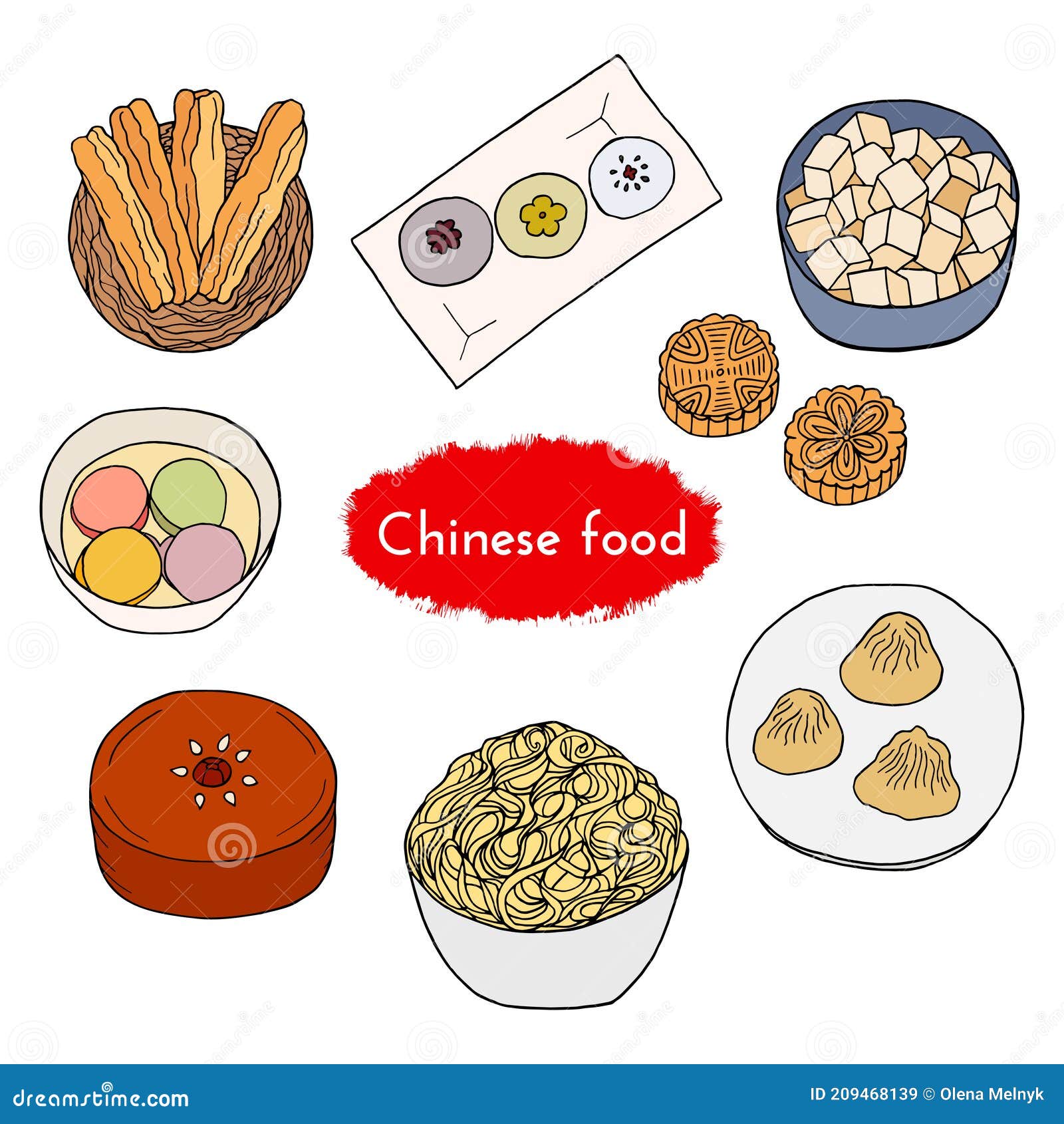 hand drawn set of chinese cuisine with noodle, mapo tofu, niangao, dumplings, tangyuan, hee pan, youtiao, mooncake.  