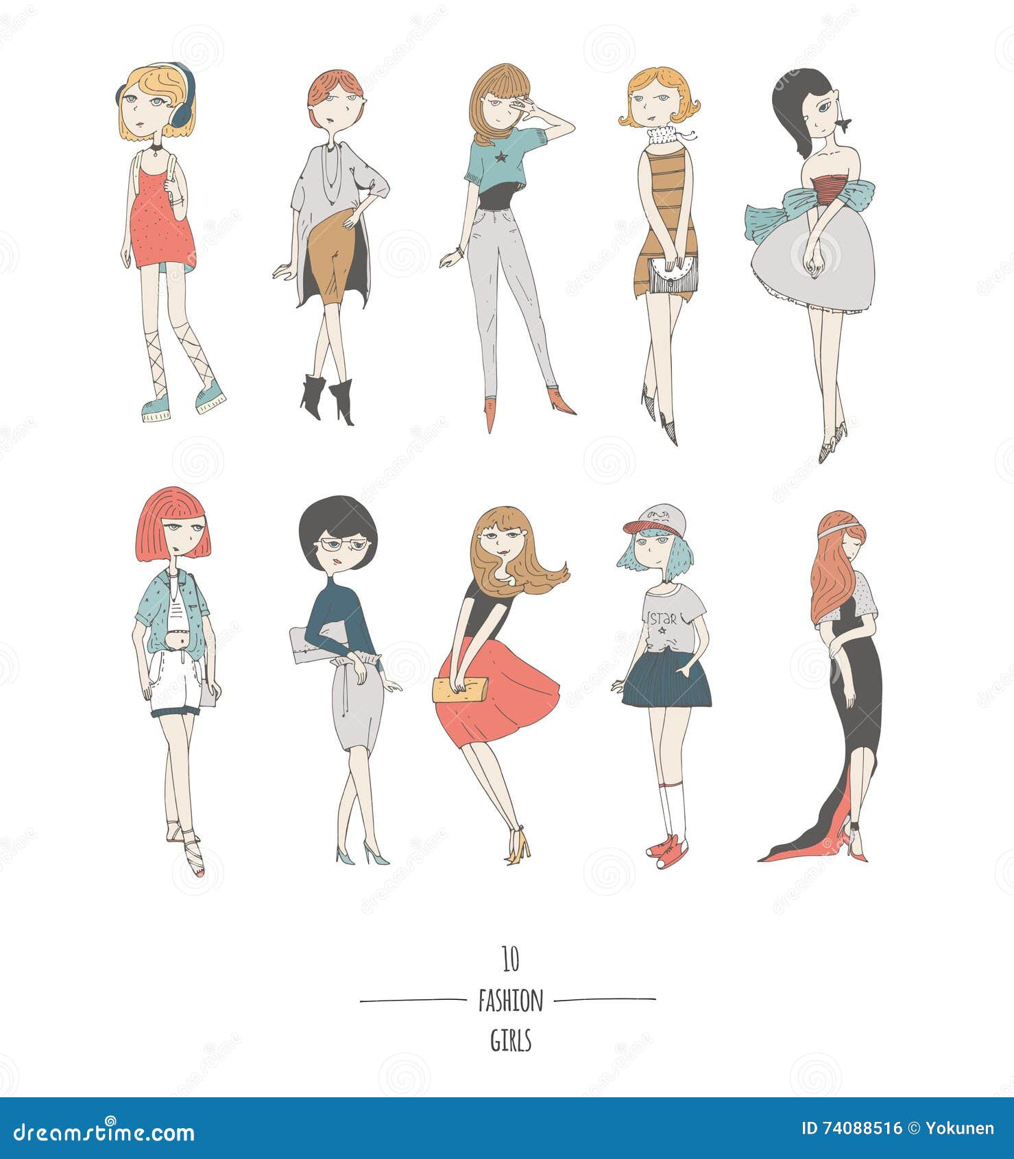 Hand Drawn Set With Cute Fashion Girls In Dresses, With 