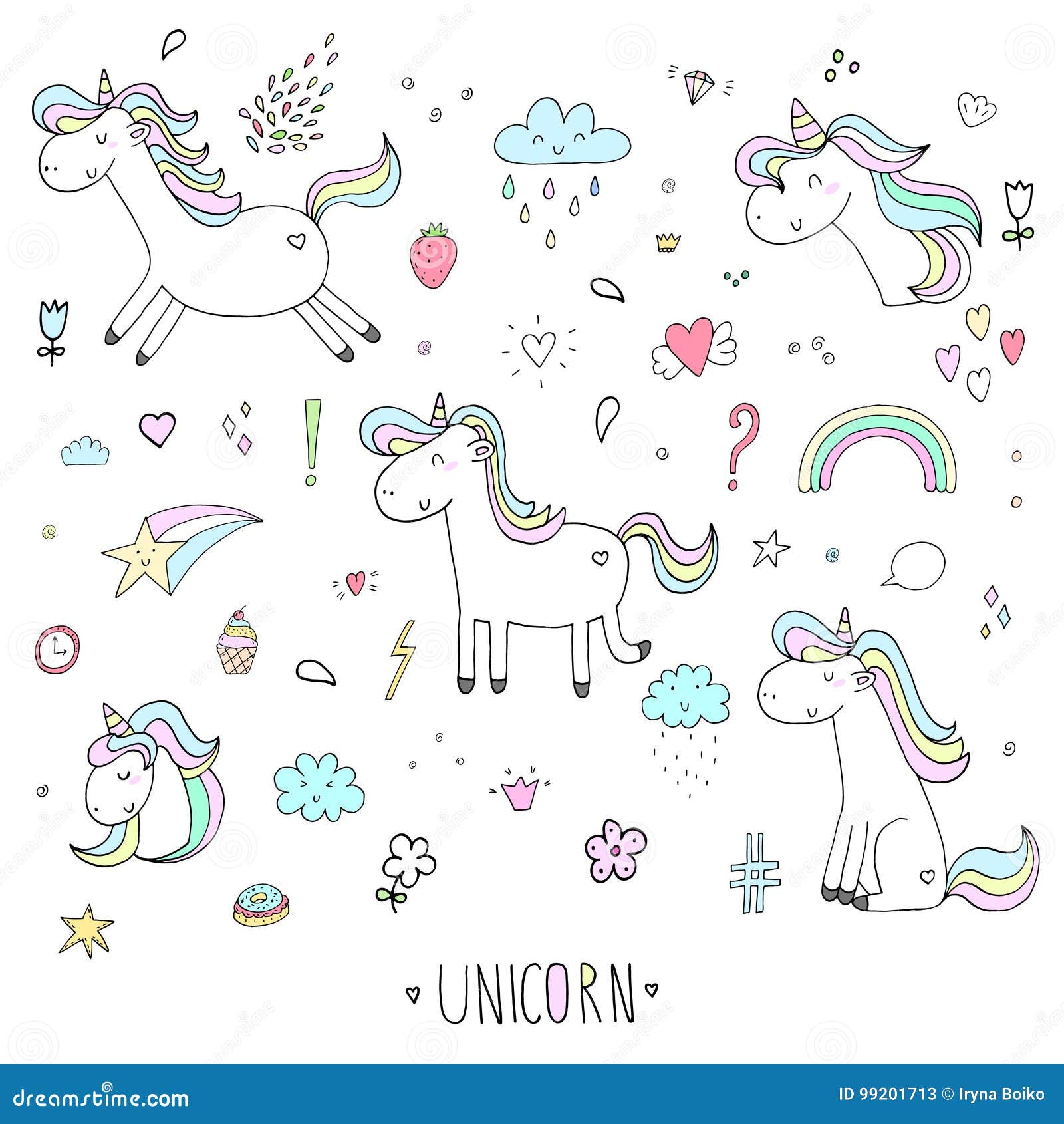 Hand Drawn Set with Cute Unicorn Print for Kids. Vector Illustration ...