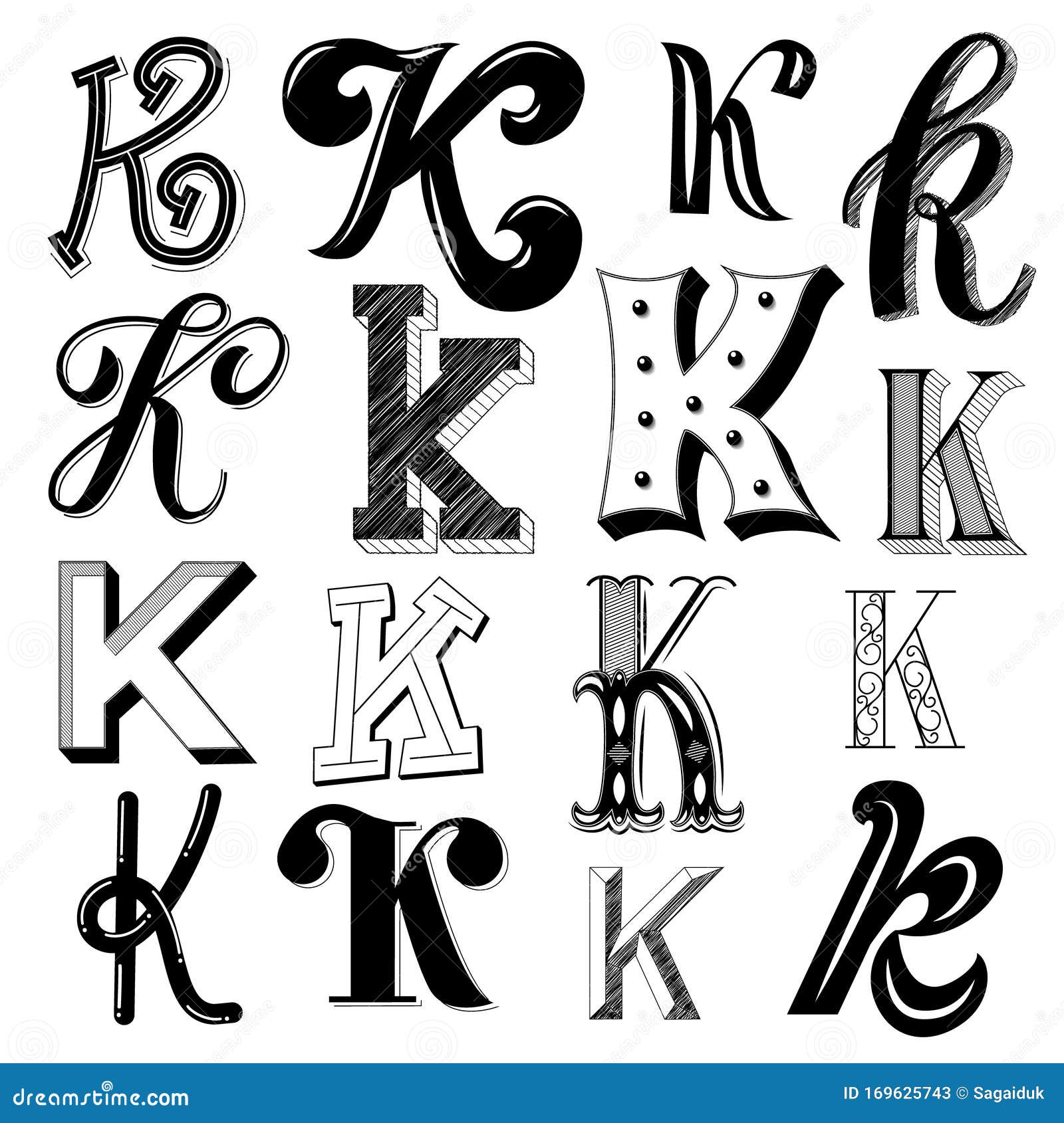 Hand Drawn Set of Different Writing Styles for Letter K Stock