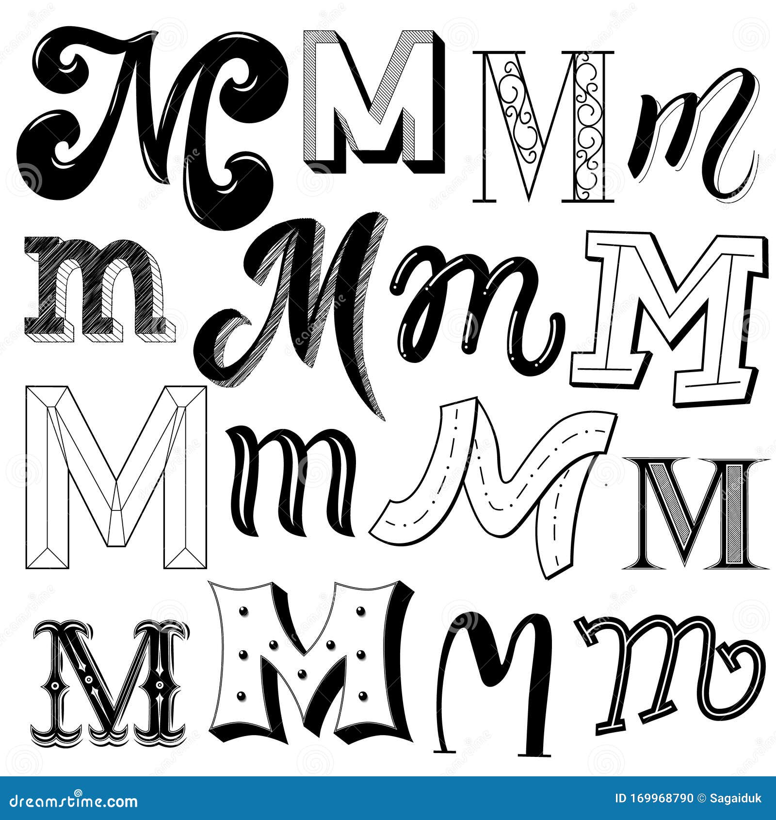 Hand Drawn Set of Different Writing Styles for Letter M Stock