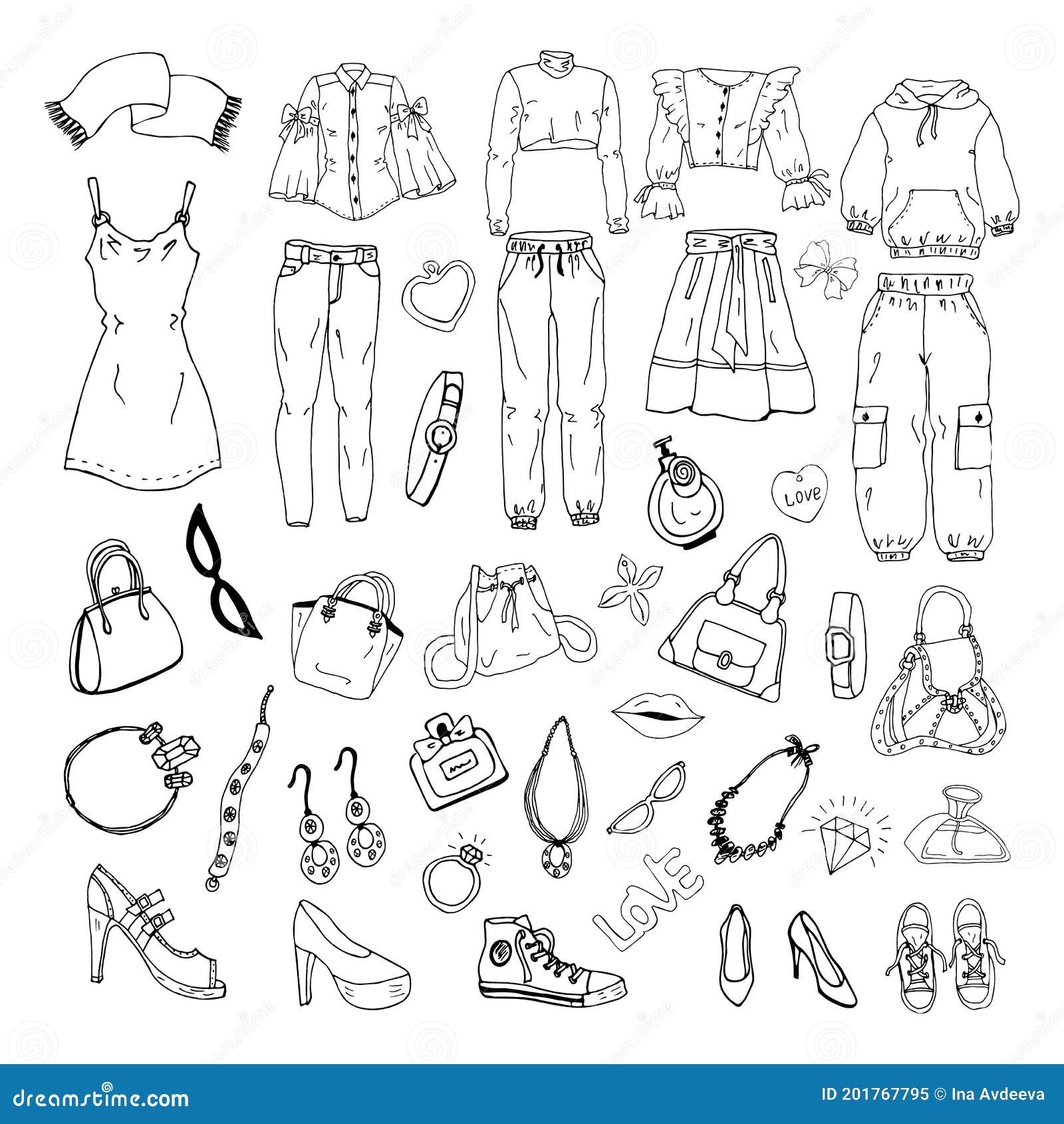 Hand Drawn Set Of Fashionable Clothes Shoes And Accessories Stock Vector -  Illustration Of Handwriting, Object: 201767795