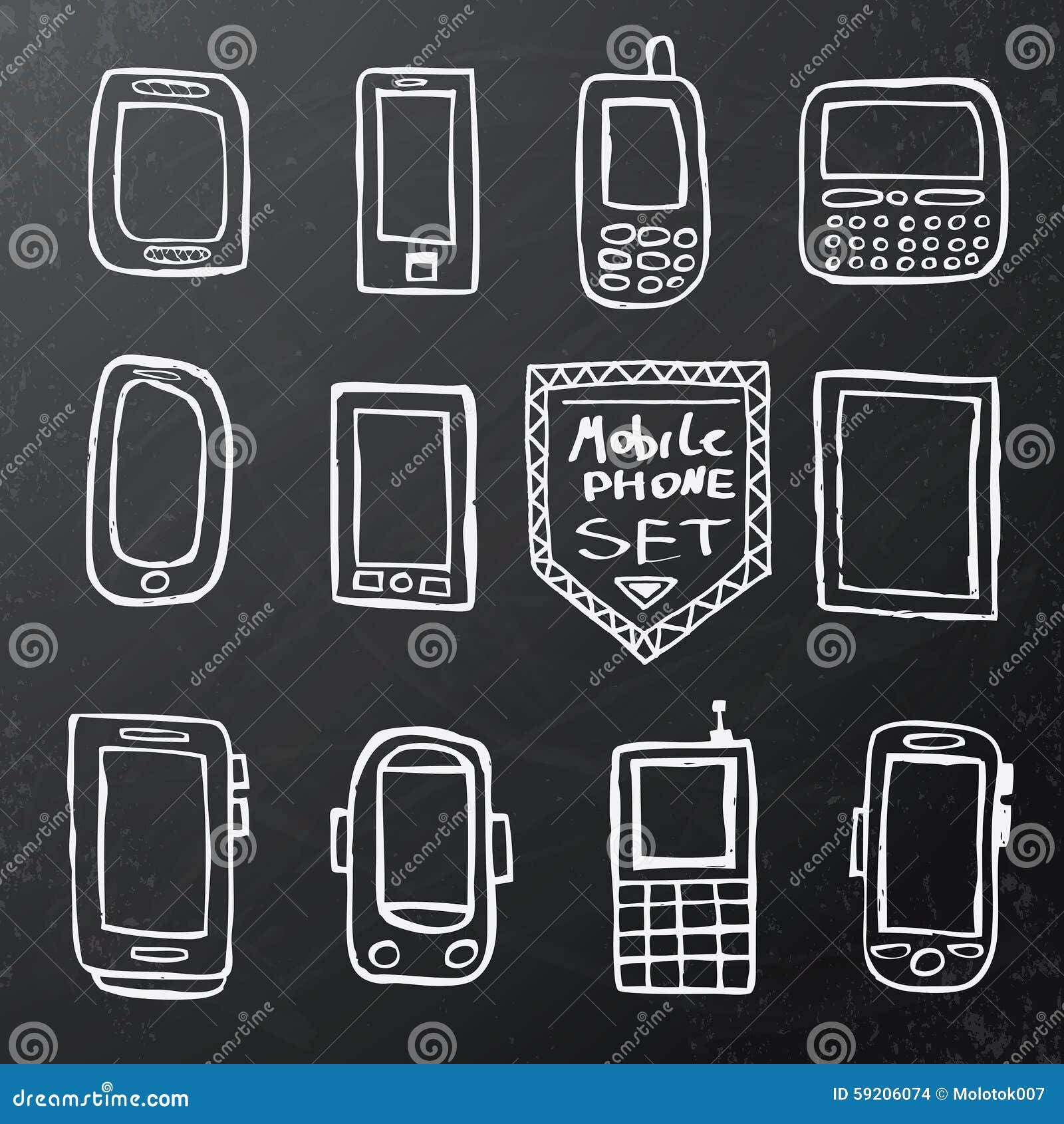 Hand Drawn Set of Mobile Gadgets on Black Chalk Board Stock Vector