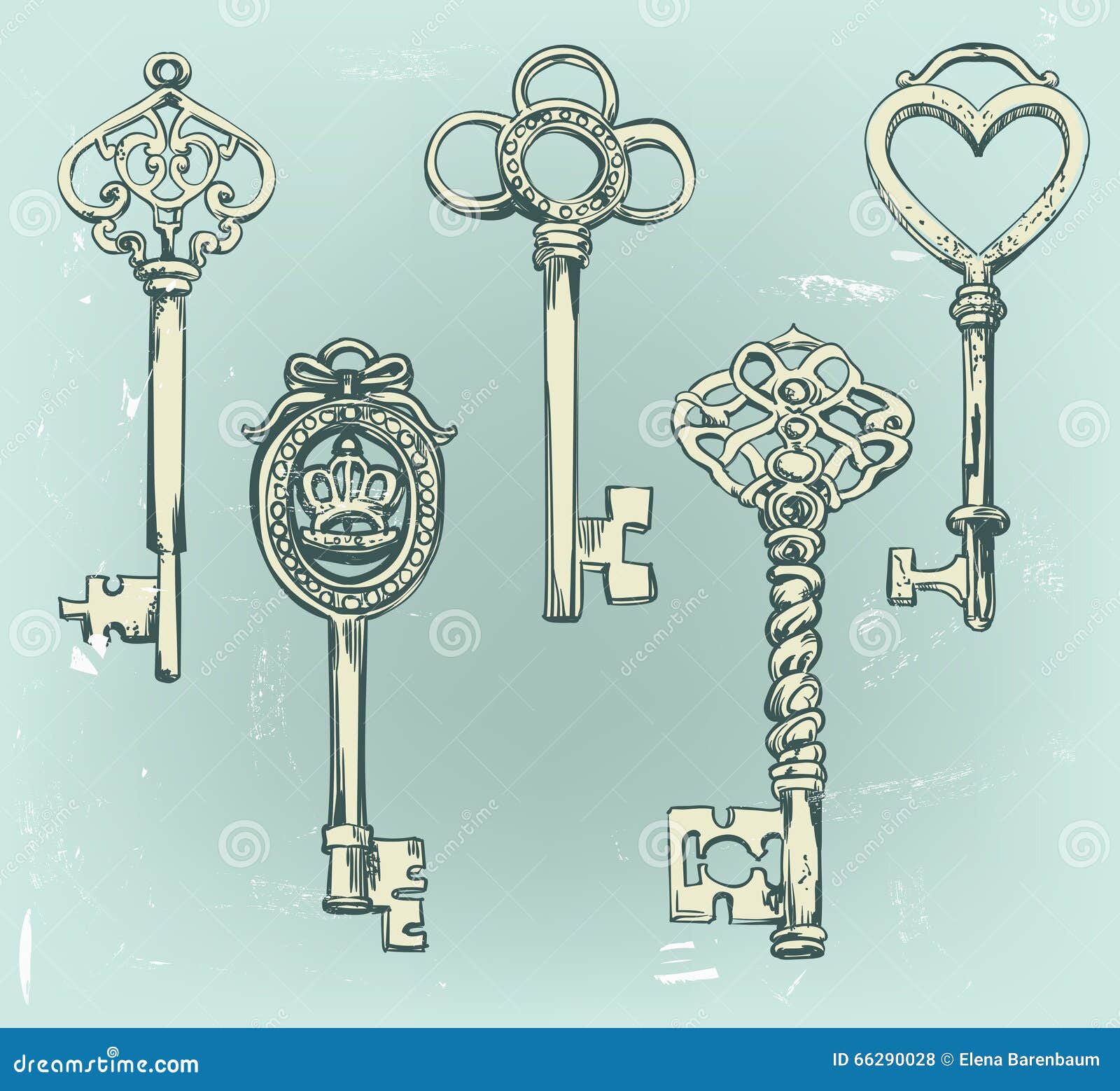 Handdrawn Set of Various Vintage Keys. Stock Vector Illustration of