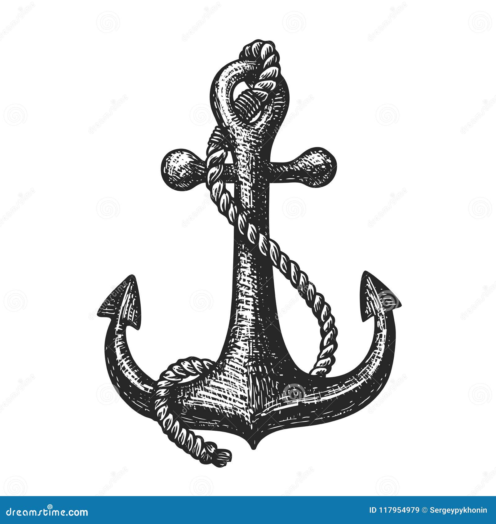 Hand-drawn Ship Anchor and Rope. Vintage Sketch Vector