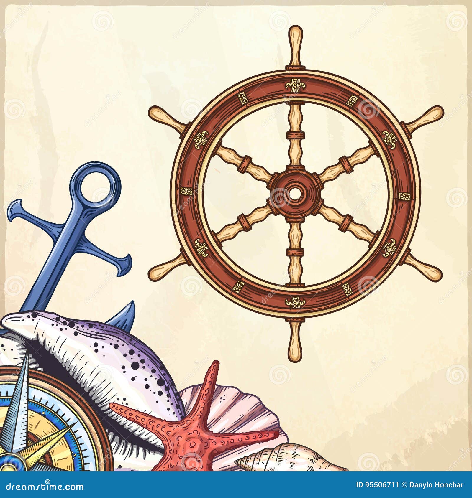 Hand Drawn Ship Stearing Wheel. Stock Vector Illustration of paper