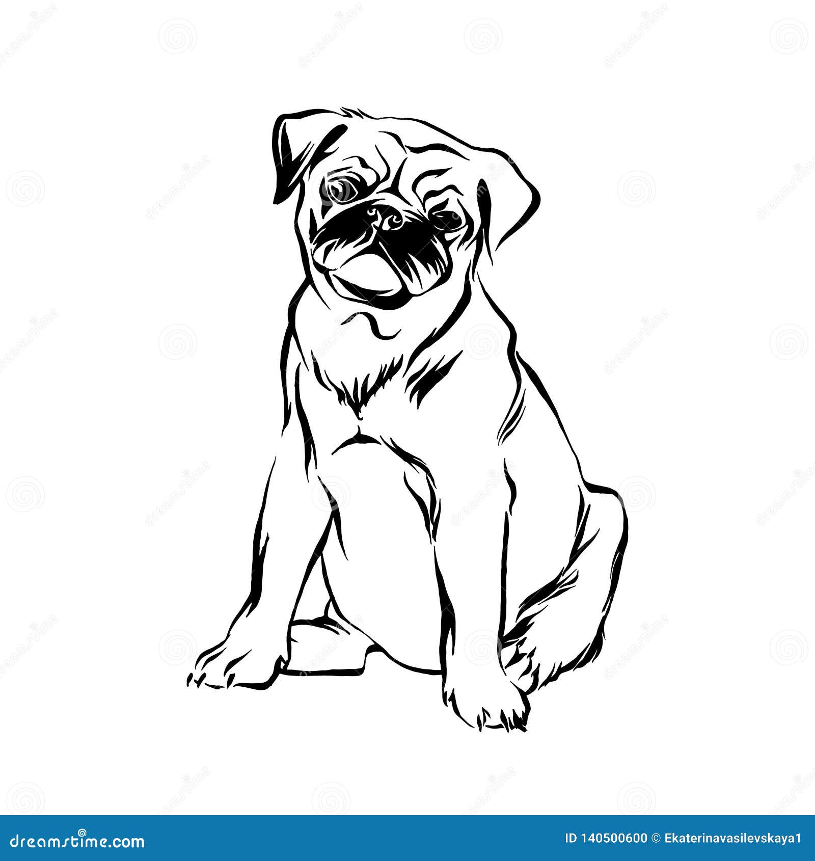 Hand Drawn Sitting Pug Puppy Dog Vector Sketch Black