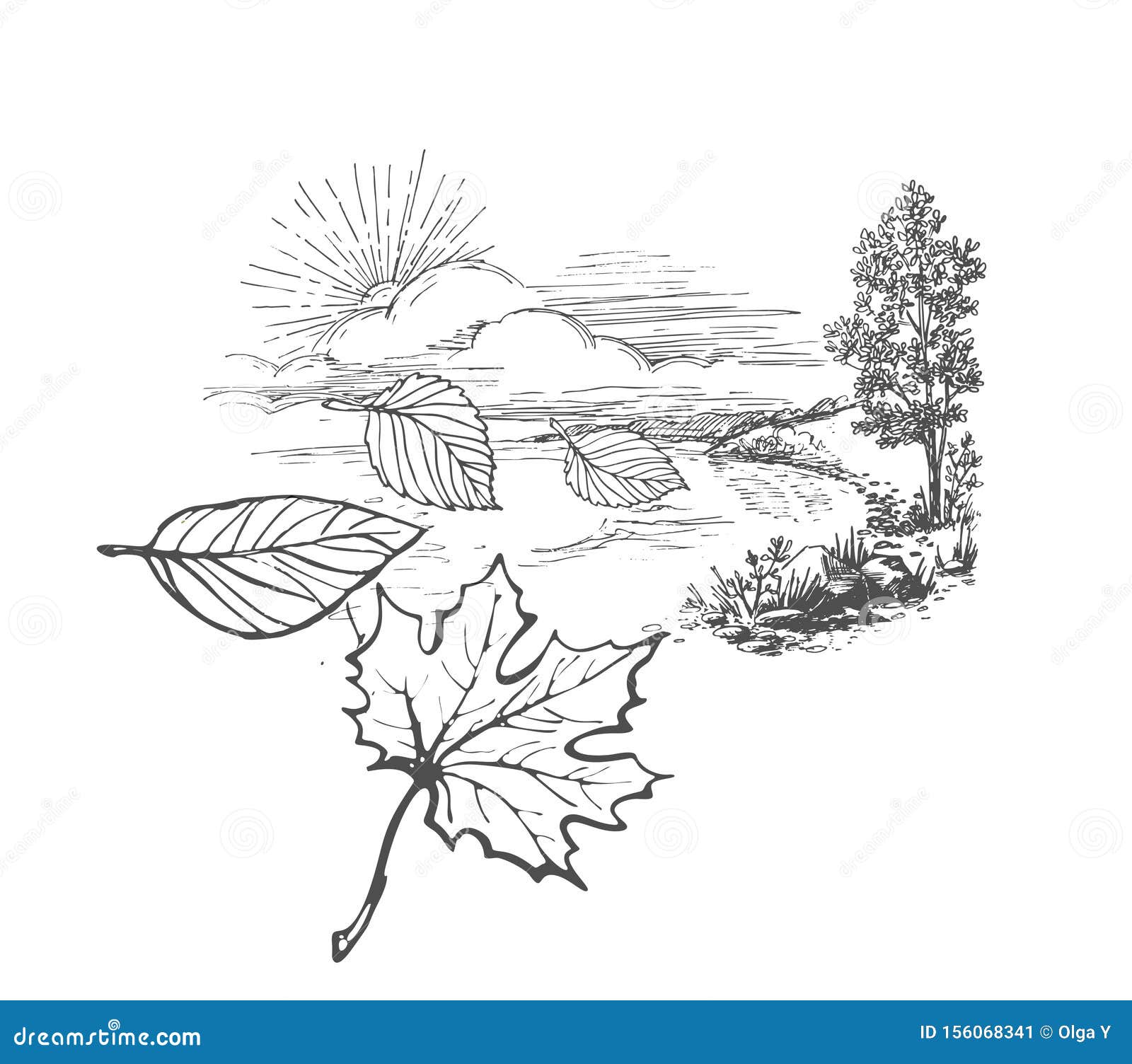 Hand Drawn Sketch On An Autumn Theme Landscape With Trees Sun And Flying Away Fallen Leaves Stock Vector Illustration Of Black Drawing