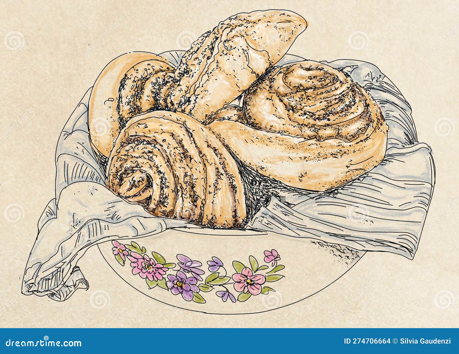 hand drawn sketch of buns with poppy seeds.  . vintage style.