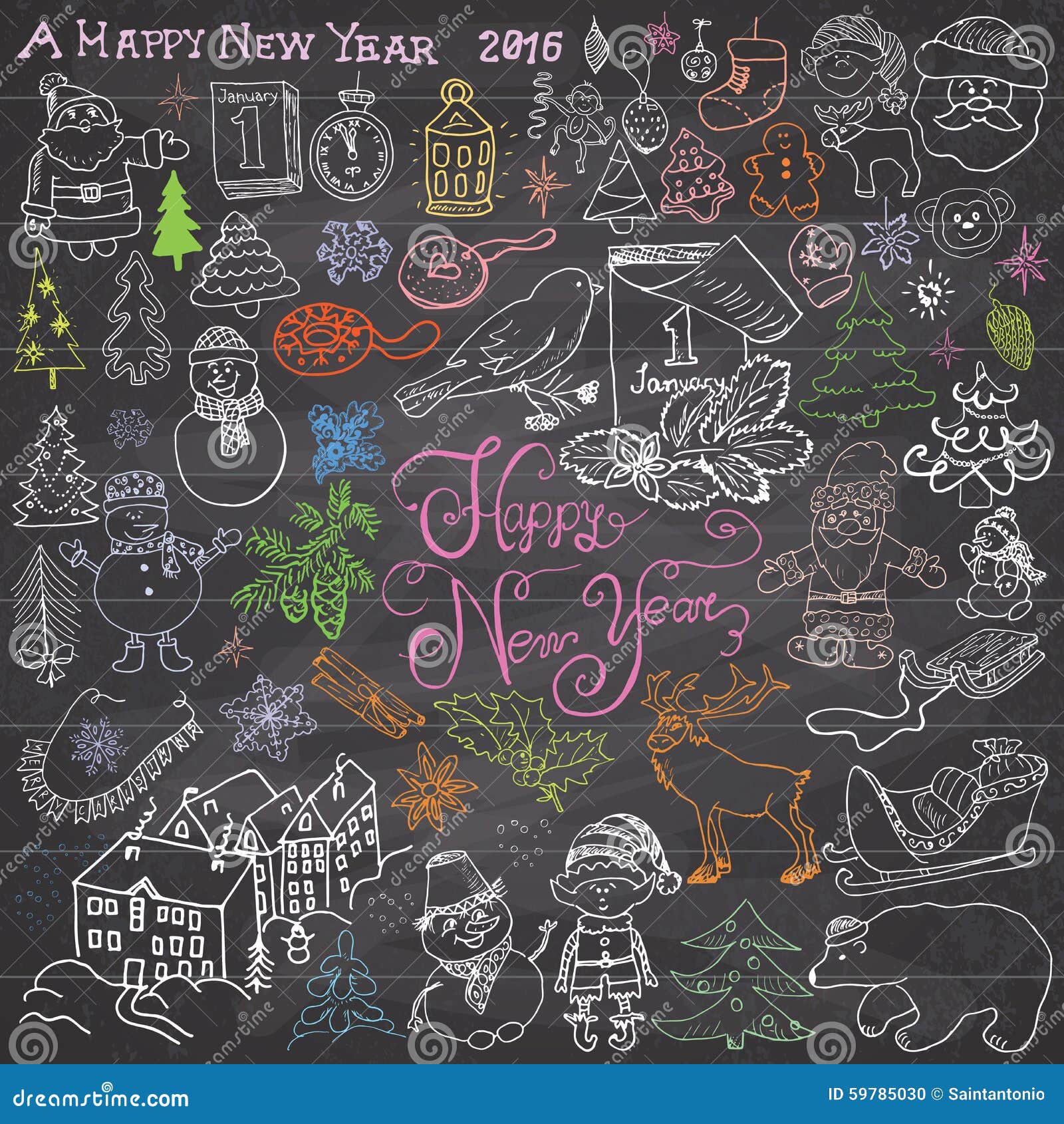 Hand drawn Sketch design of happy new year 2016 Doodles with Lettering set with christmas trees snowflakes snowman elfs deer santa claus and festive
