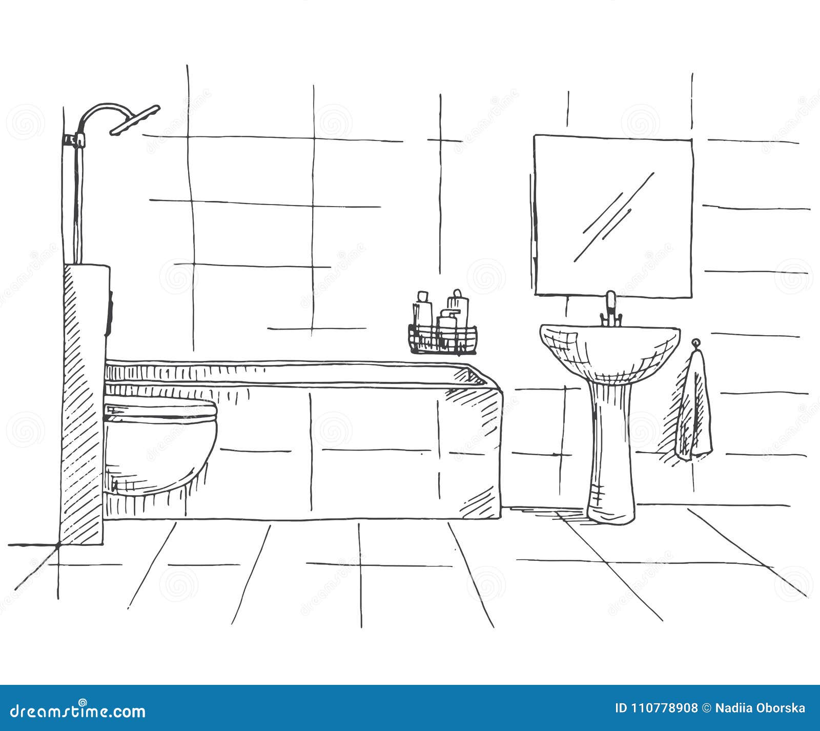 Hand Drawn Sketch. Linear Sketch of an Interior. Part of the Bathroom ...