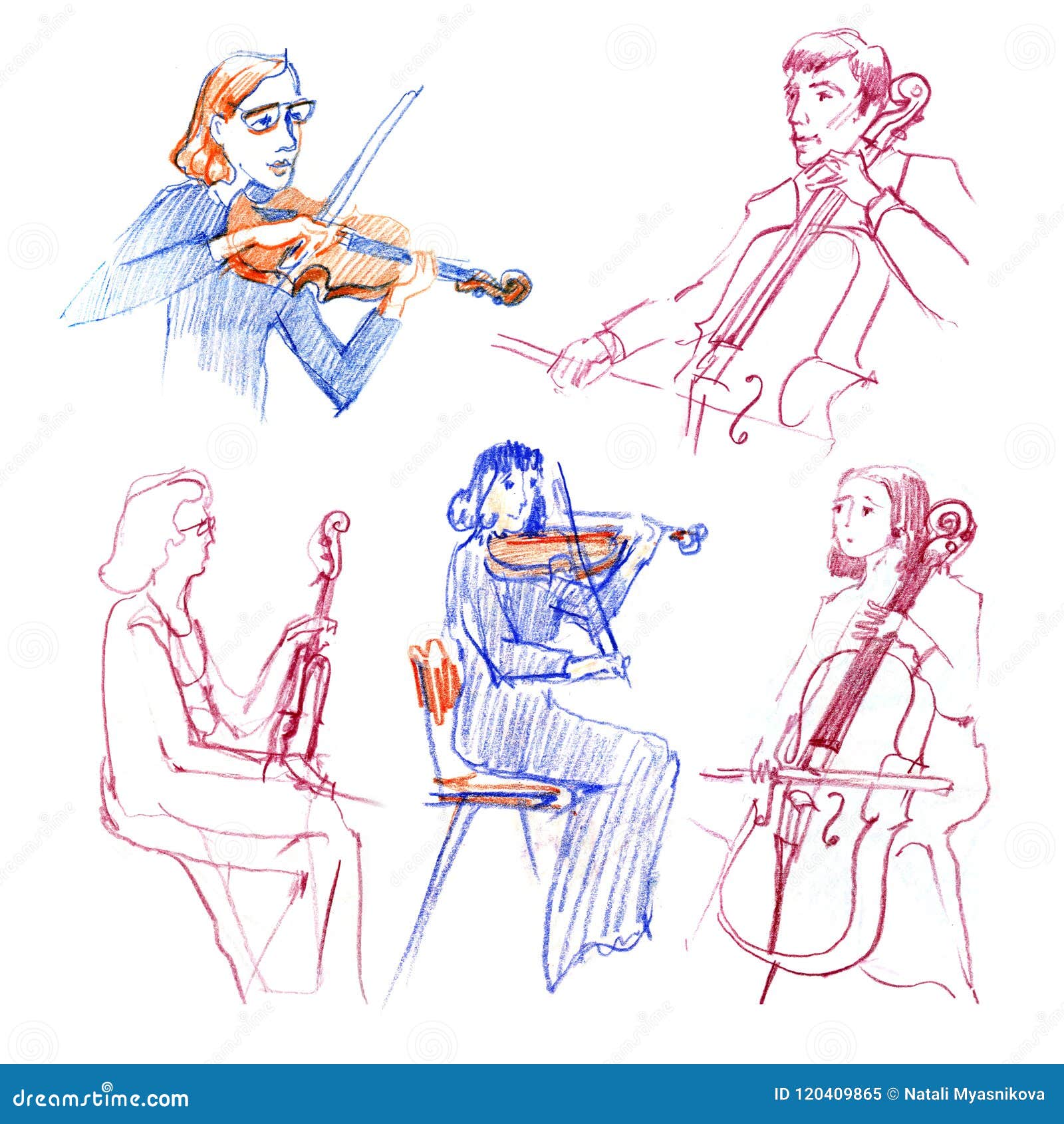 hand drawn sketch of string orchestra on white background. music band .