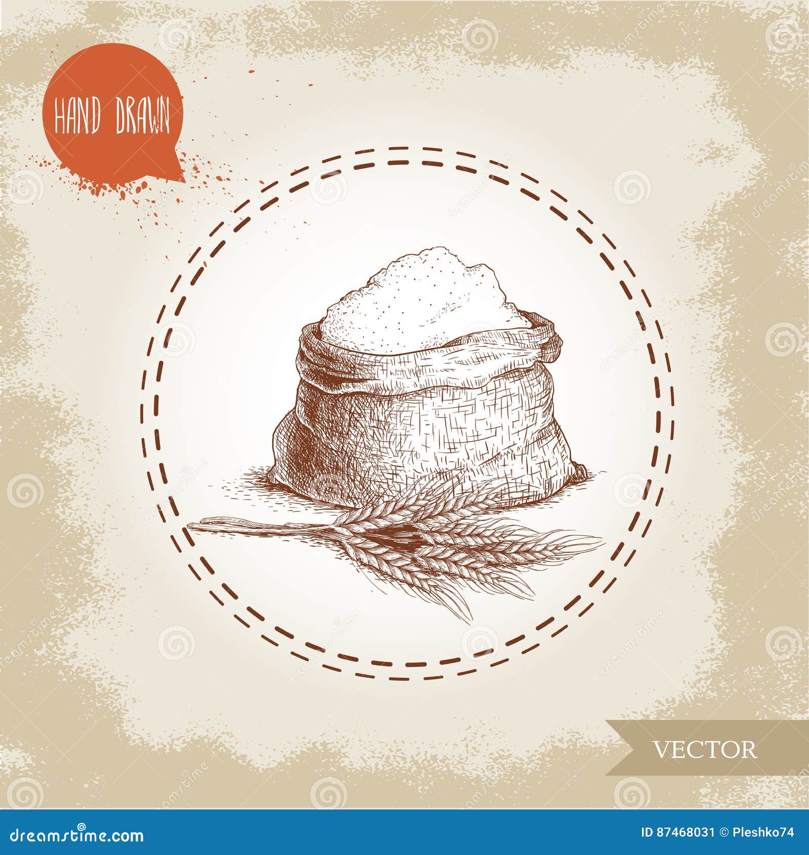 Hand Drawn Sketch Style Sack with Whole Flour an Wheat Bunch. Stock
