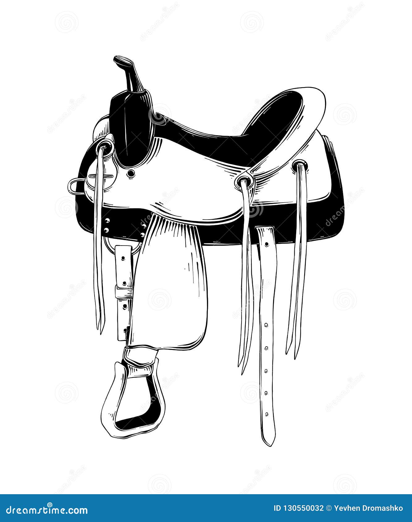 Hand Drawn Sketch of Western Saddle Isolated on White Background